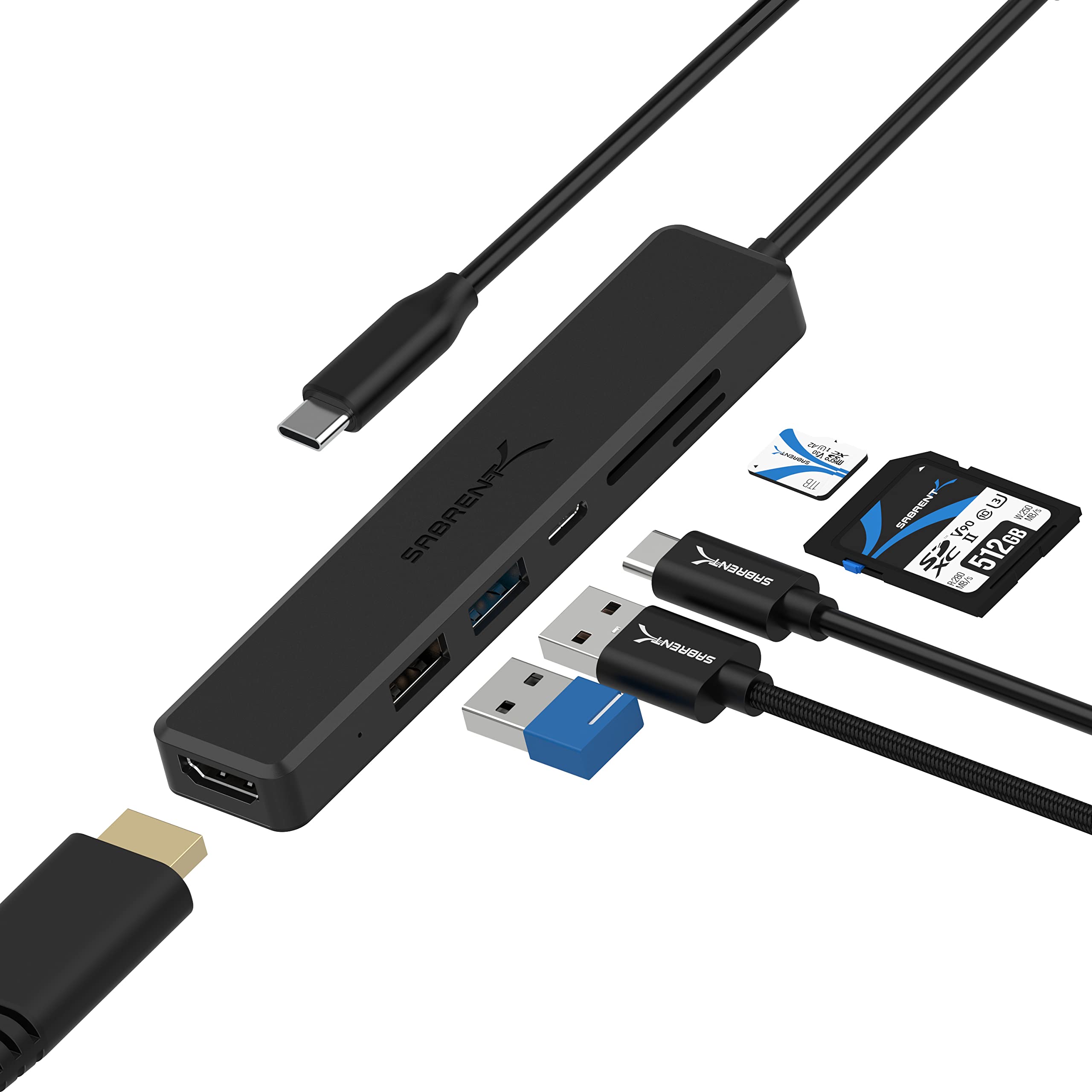 Sabrent 6-in-1 USB C Hub with HDMI Adapter, USB C to USB Adapter, SD/microSD Card Reader, USB A Ports & Power Delivery - Perfect for MacBook, Chromebook, Surface Pro & More (HB-TC6C) - Ideal for Home Office, Travel & Multi-Device Connectivity