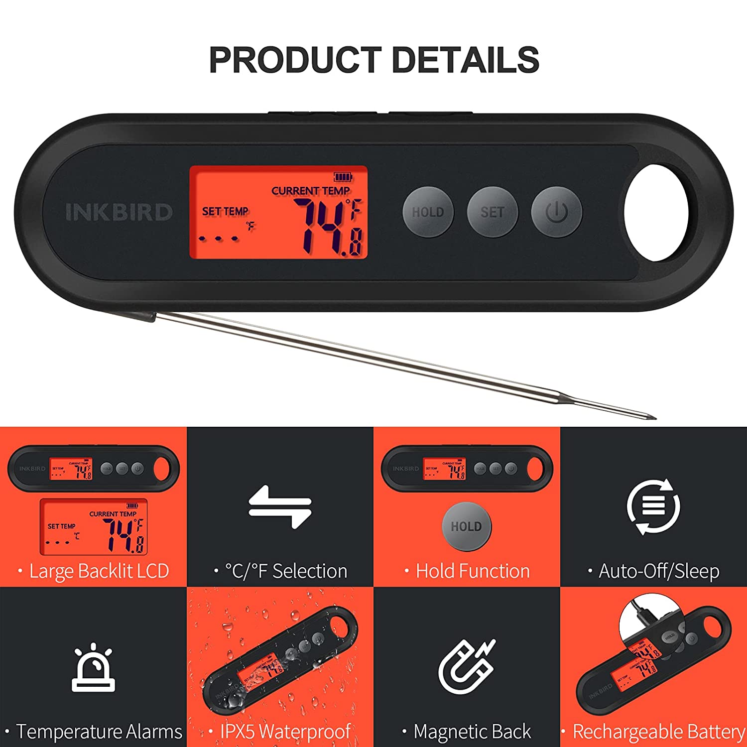 Instant Read Digital Meat Thermometer IHT 2XP - Fast & Accurate Cooking Thermometer for Grilling, Baking, BBQ, and Kitchen Use