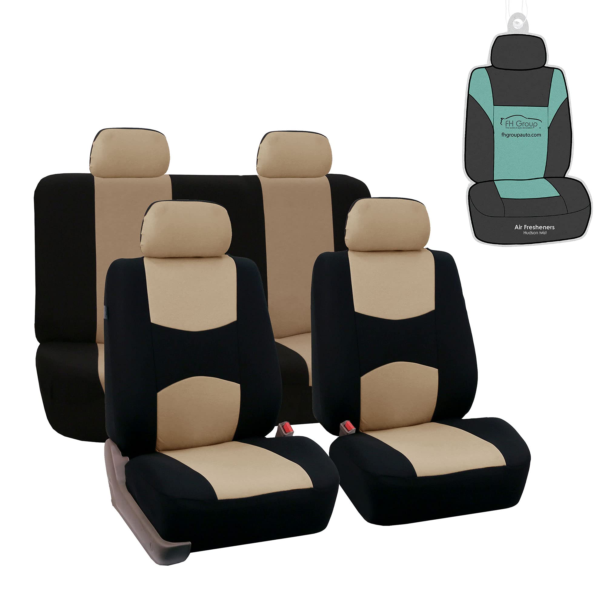 FH Group Universal Car Seat Covers Full Set - Beige Flat Cloth Bench & Seat Protectors for Cars, Trucks & SUVs | Interior Accessories Combo with Travel Tissue Dispenser | Durable & Comfortable for Daily Commute, Road Trips & Family Outings