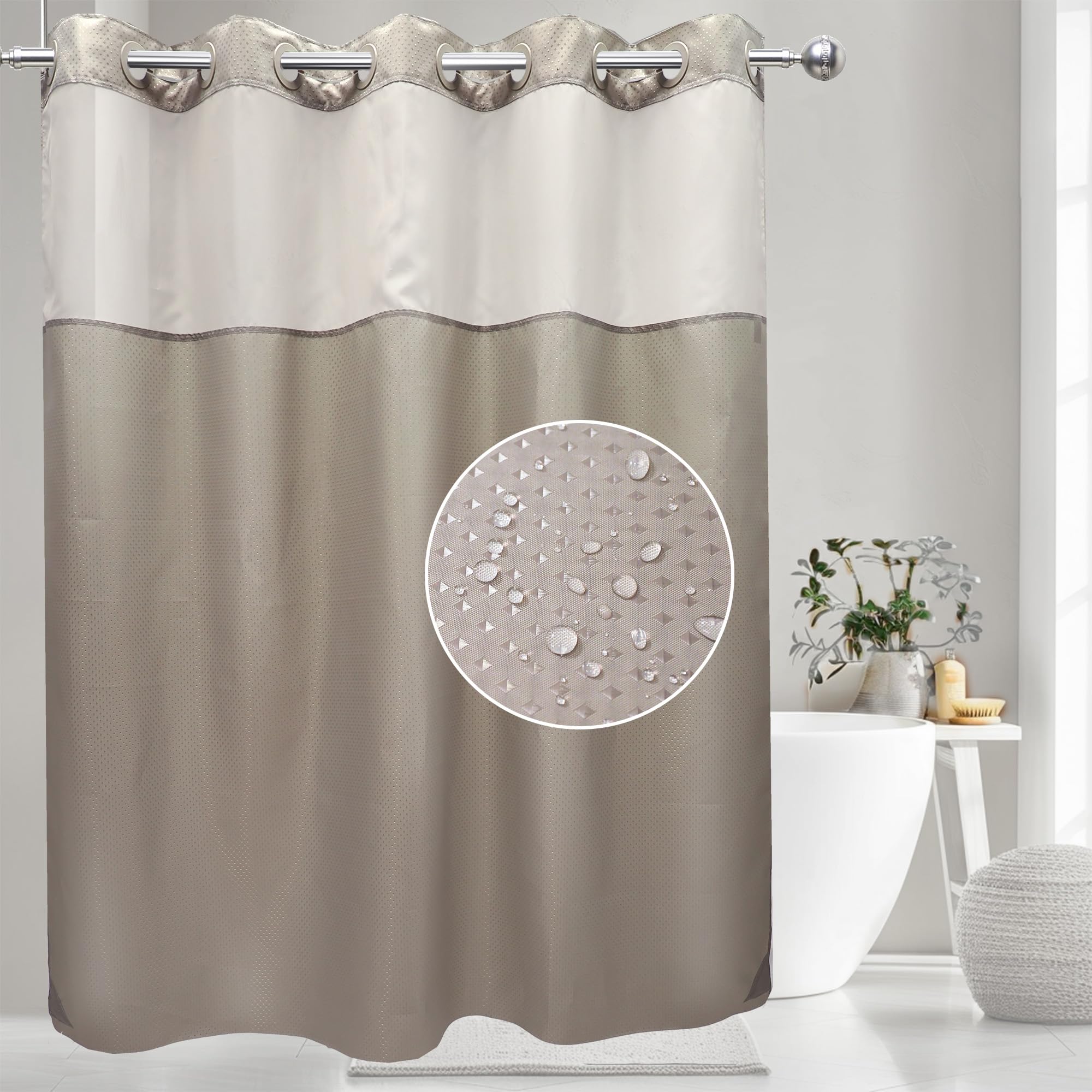 VIUOON No Hook Shower Curtain Set - Hotel Grade Fabric with See-Through Top Window, Waterproof & Washable Bathroom Shower Curtain (71