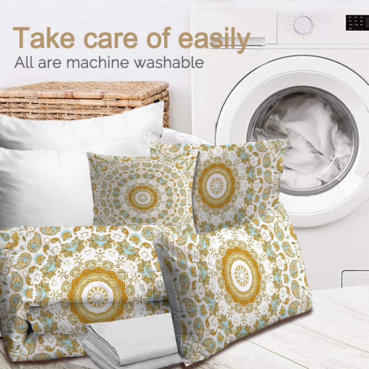 BlessLiving Yellow Mandala Comforter Set - 8 Piece Bohemian Flower Bedding Collection with Lightweight Queen Comforter, Sheets, Pillowcases, Shams & Cushion Cover for Cozy Bedroom Decor | Perfect for Guest Rooms, Dorms & Boho Chic Home Styling