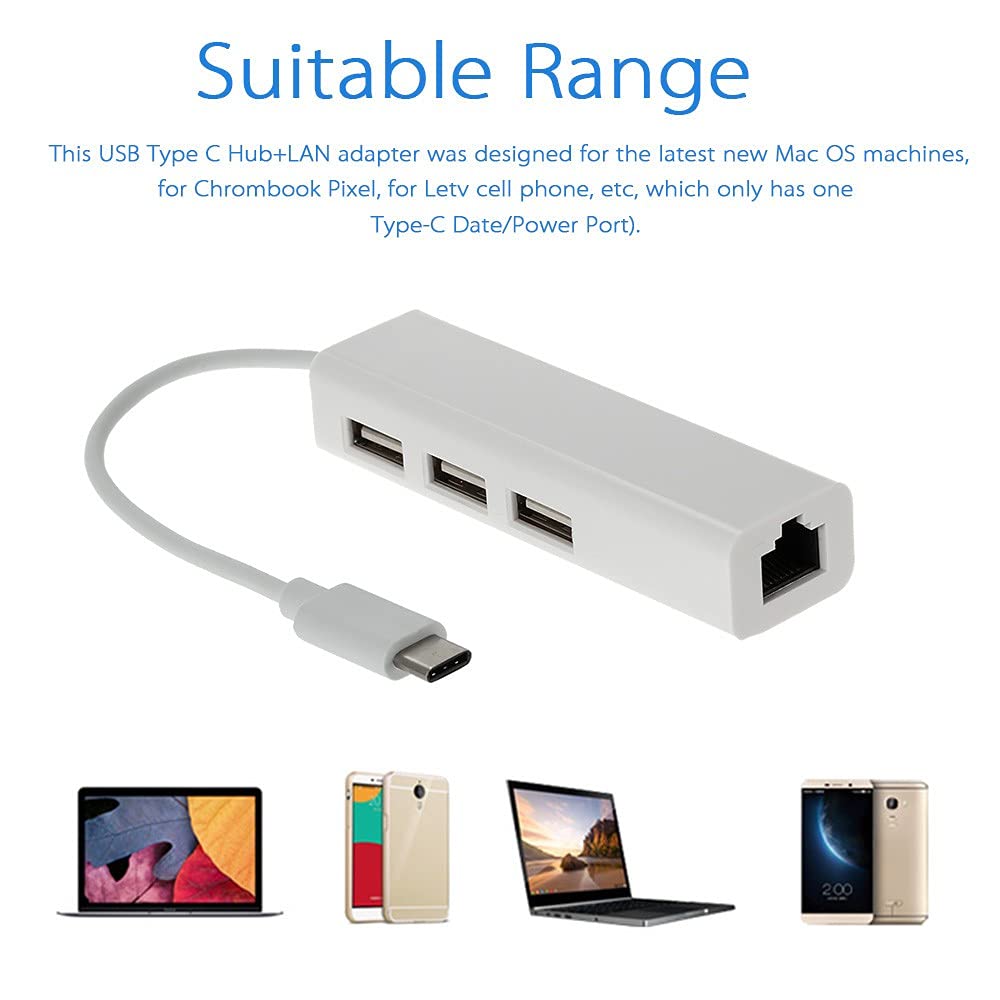 JSER USB-C 3-Port Hub with Ethernet Adapter for Laptop & Desktop
