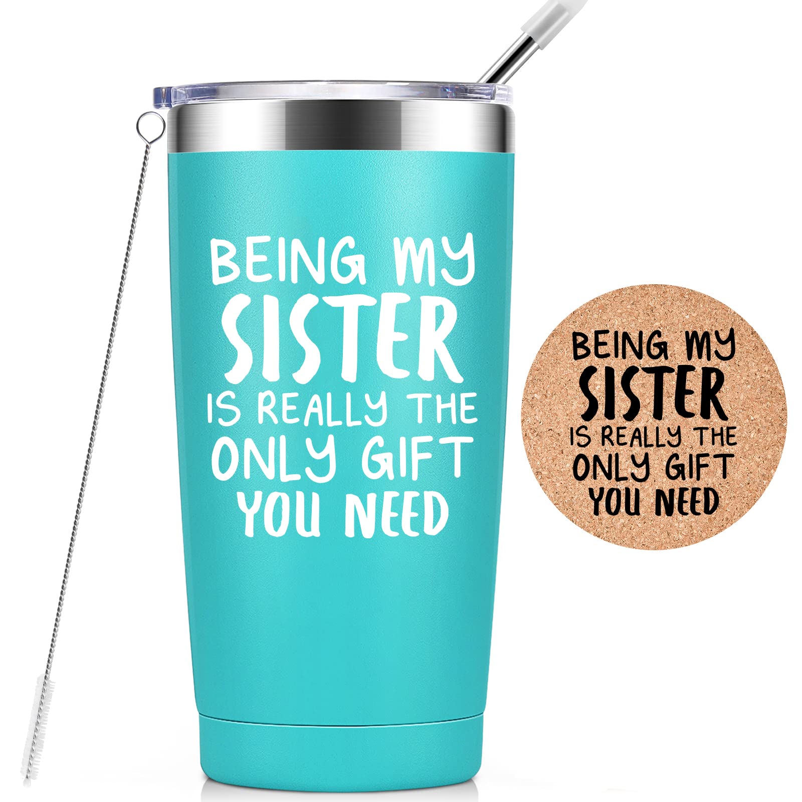 Best Sister Gifts - 20oz Vacuum Insulated Tumbler Cup with Cork Coaster Mint - Perfect Birthday, Christmas & Friendship Gift for Sisters - Ideal for Coffee, Tea & Cold Drinks at Home, Office or Travel