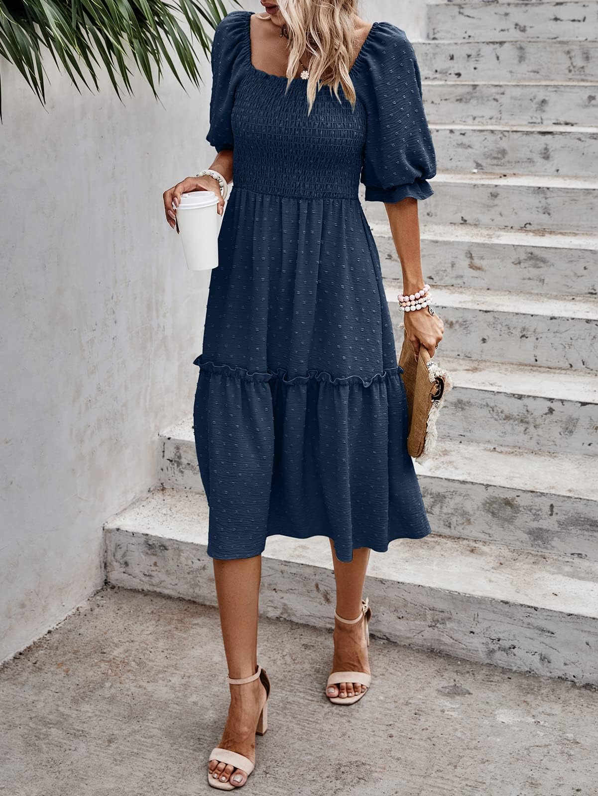 PrettyGarden Women's Summer Casual Dress 2025 - Puff Sleeve Square Neck A-Line Flowy Boho Floral Smocked Midi Dress for Beach, Vacation & Date Night