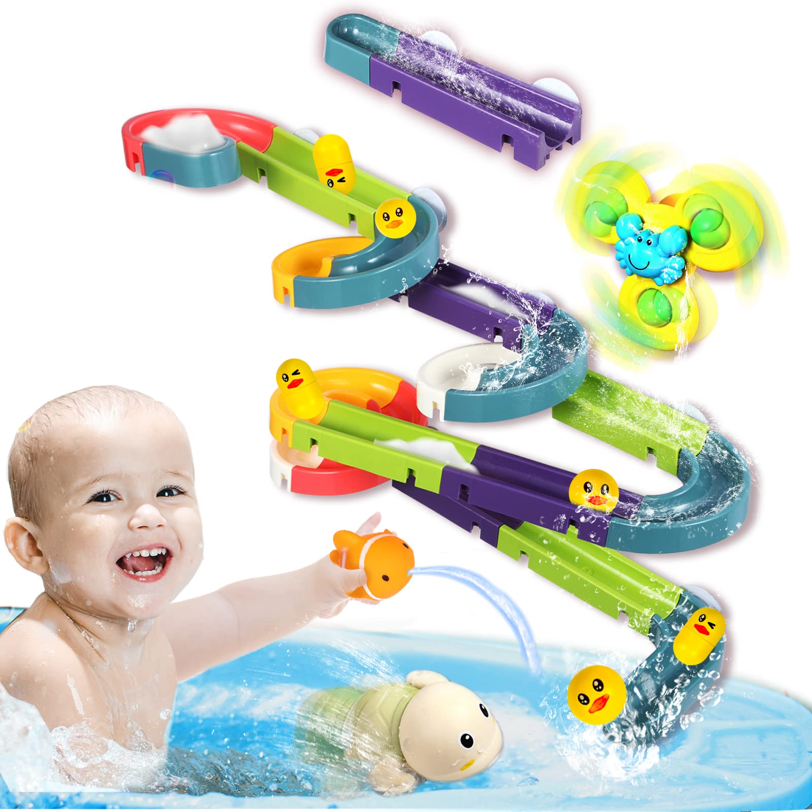 Cozybomb 39-Piece Baby Bath Toys Set for Toddlers Ages 1-8 | Interactive Slide Tracks & DIY Combination Bathtub Toys | Fun Bath Time Play for Kids 2-4 Years Old | Perfect for Sensory Development & Water Play Activities