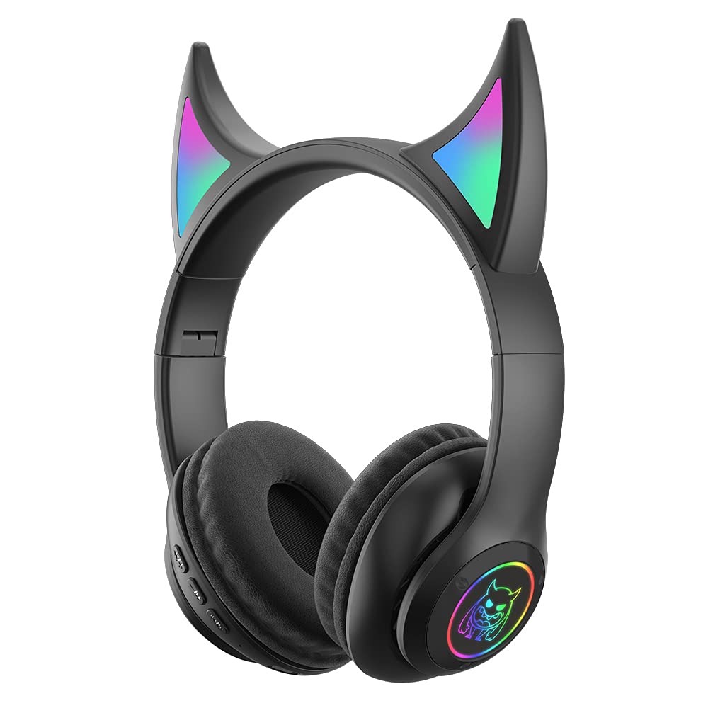 Lavifree Kids Bluetooth Headphones with LED Cat Ears - Wireless Over-Ear Headset with Built-in Mic, Micro SD/TF Slot & FM Radio - Compatible with iPhone, iPad, Kindle, Tablets & Laptops - Perfect for School, Online Learning, Music Streaming & TV Watching (Black) STN-29