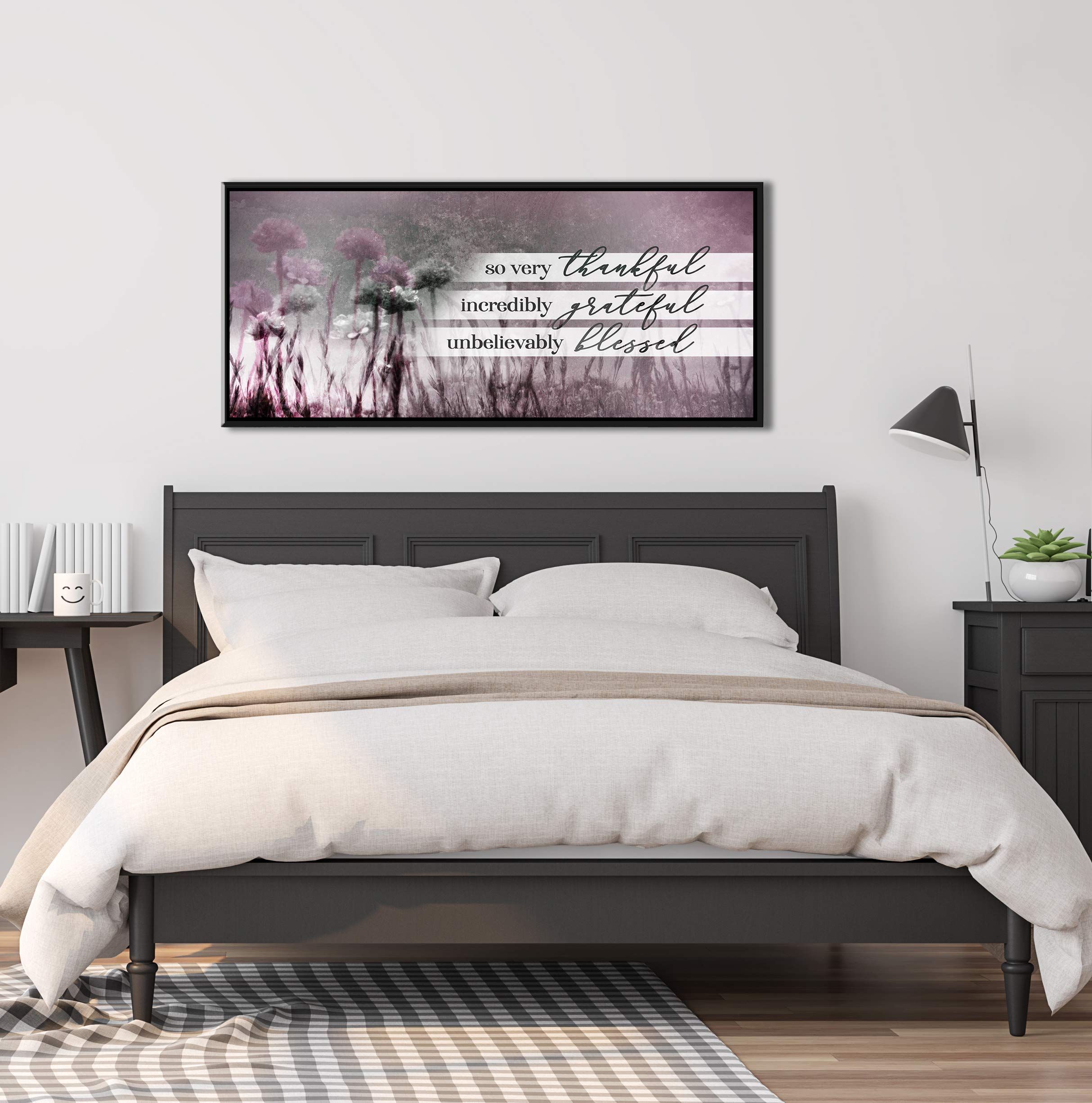 So Very Thankful Dandelions Canvas Wall Art - Rustic Blessed Religious Nature Decor with Purple 60x27 Black Floating Frame - Perfect for Living Room, Bedroom & Farmhouse Home Decor