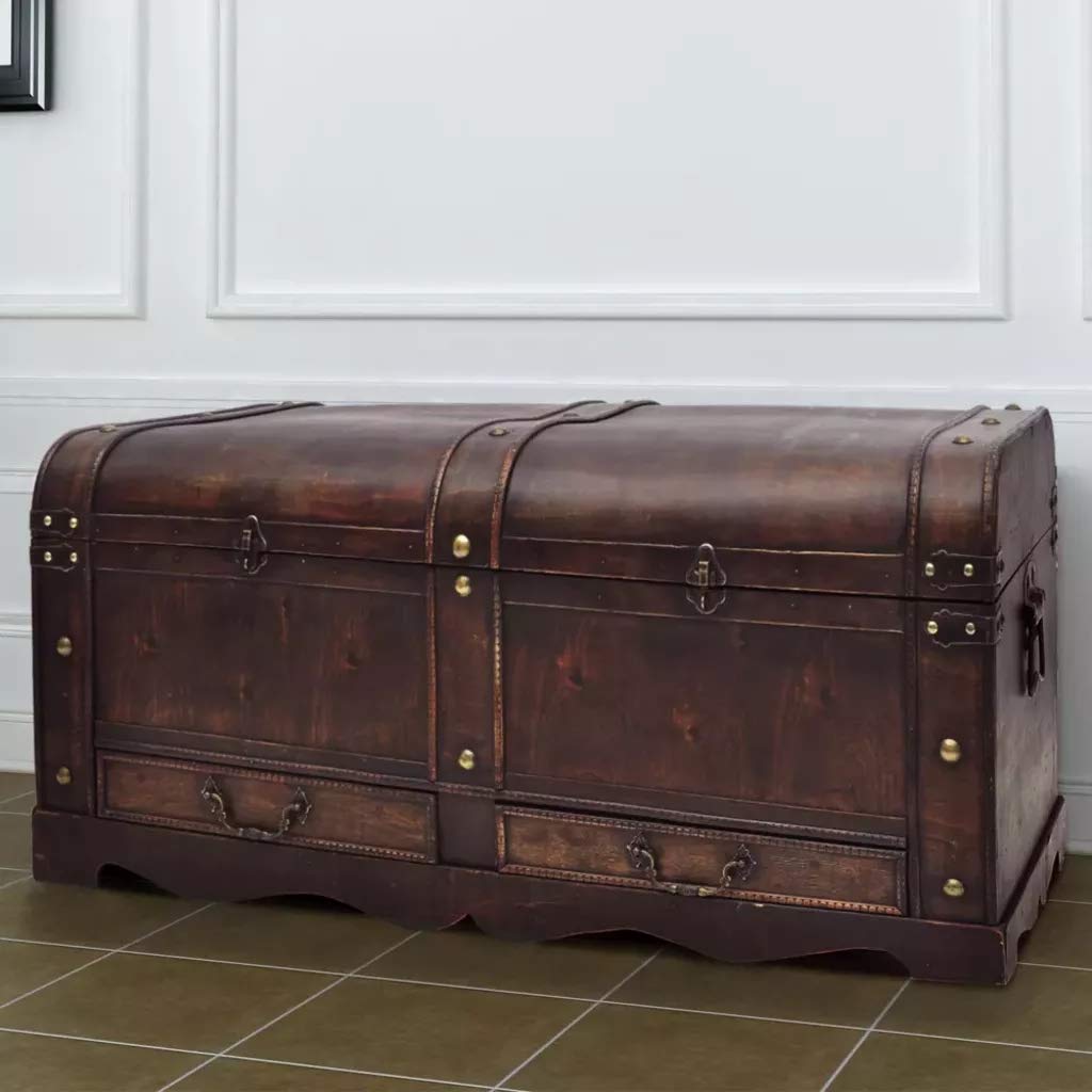 Vintage Wood Storage Trunk - Large Brown Wooden Chest for Home Decor, Blanket Storage & Treasure Box | Perfect for Living Room, Bedroom & Nursery Organization