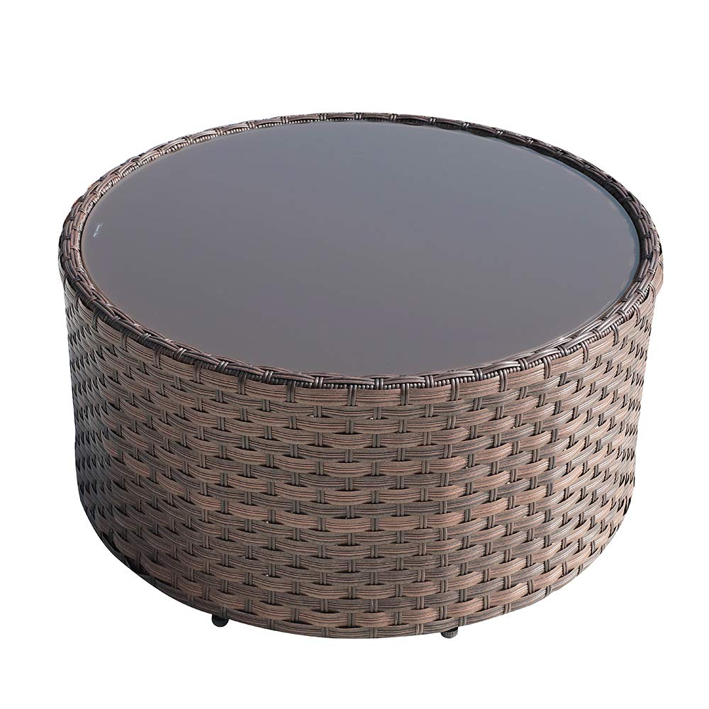 OC Orange-Casual Round Patio Coffee Table with Tempered Glass - Indoor/Outdoor Brown Wicker Table Set (Includes 4 Pillows & Furniture Cover) - Perfect for Living Room, Garden, Balcony & Poolside Relaxation