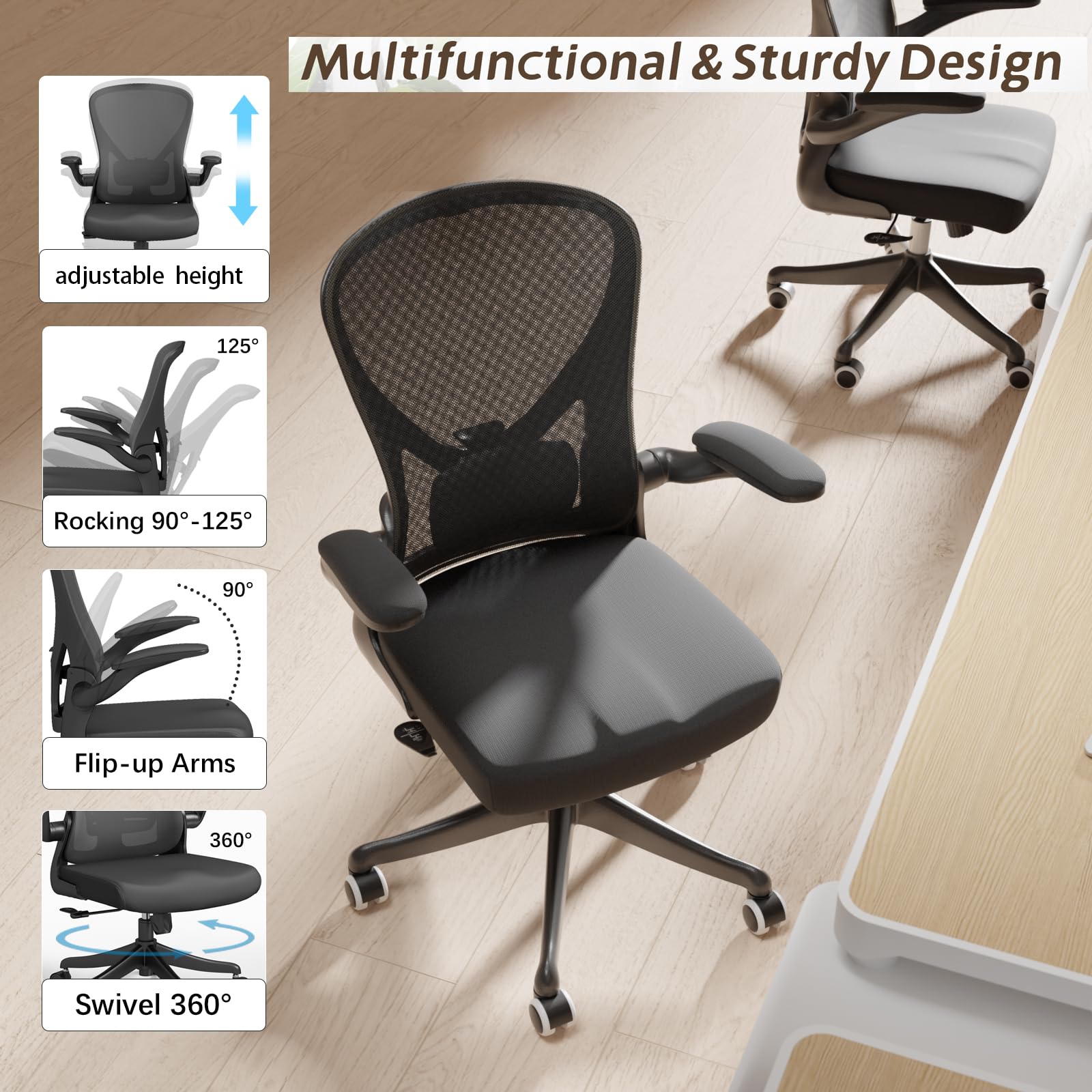 Ergonomic Office Chair with Adjustable Flip-Up Armrests & Lumbar Support - Thickened Cushion Desk Chair with Wheels, Home Office Computer Chair for Back Pain Relief (Black) - Perfect for Long Hours Sitting, Gaming & Remote Work