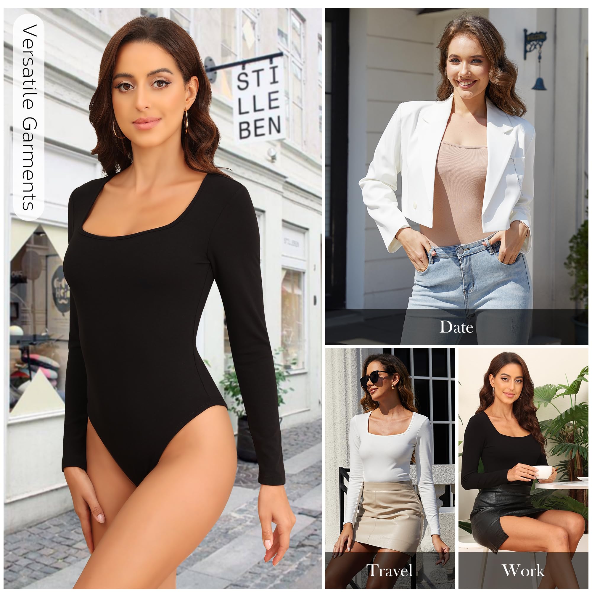 4/5 Pack Women's Square Neck Long Sleeve Bodysuit - Stretchy Casual Tops for Everyday Wear | Perfect for Layering, Office, Date Night & Fall Outfits
