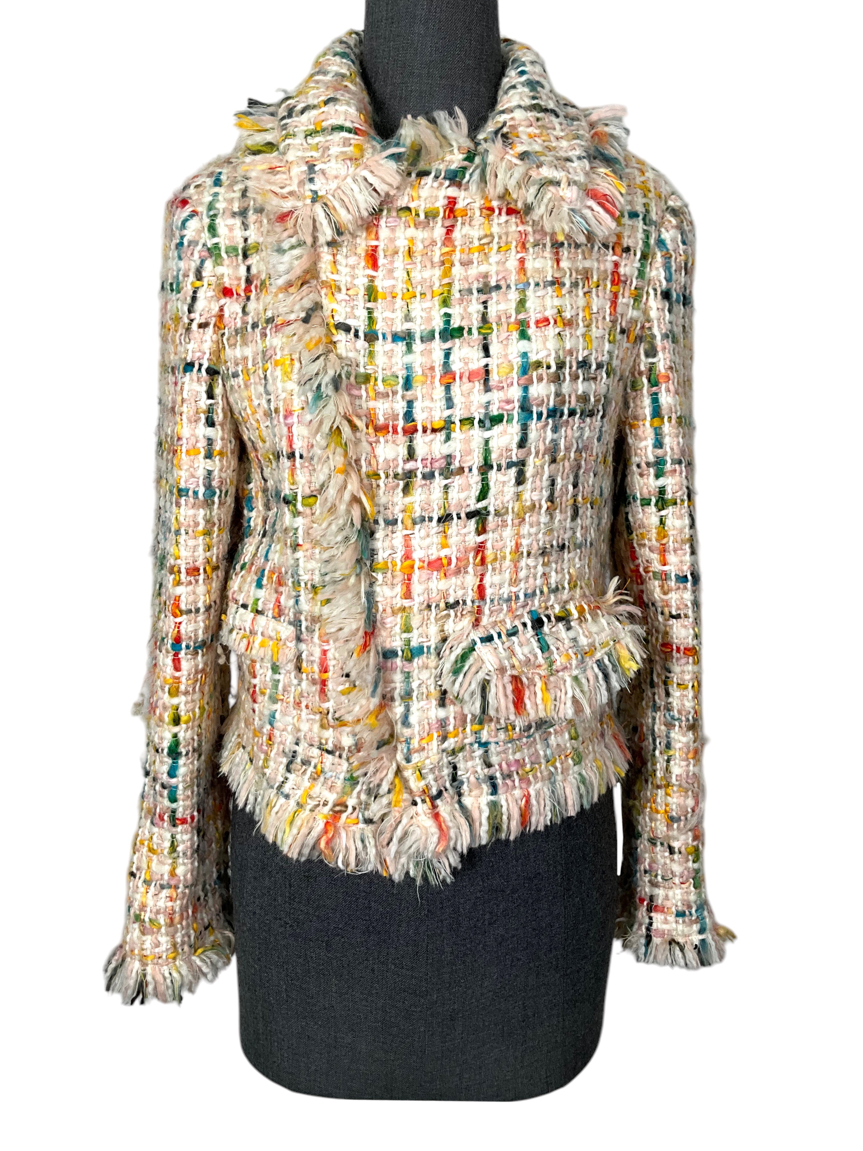 Oscar de la Renta Multicolor Tweed Fringe Cropped Jacket for Women - Size 8 | Vintage-Inspired Blazer for Parties, Weddings & Special Occasions