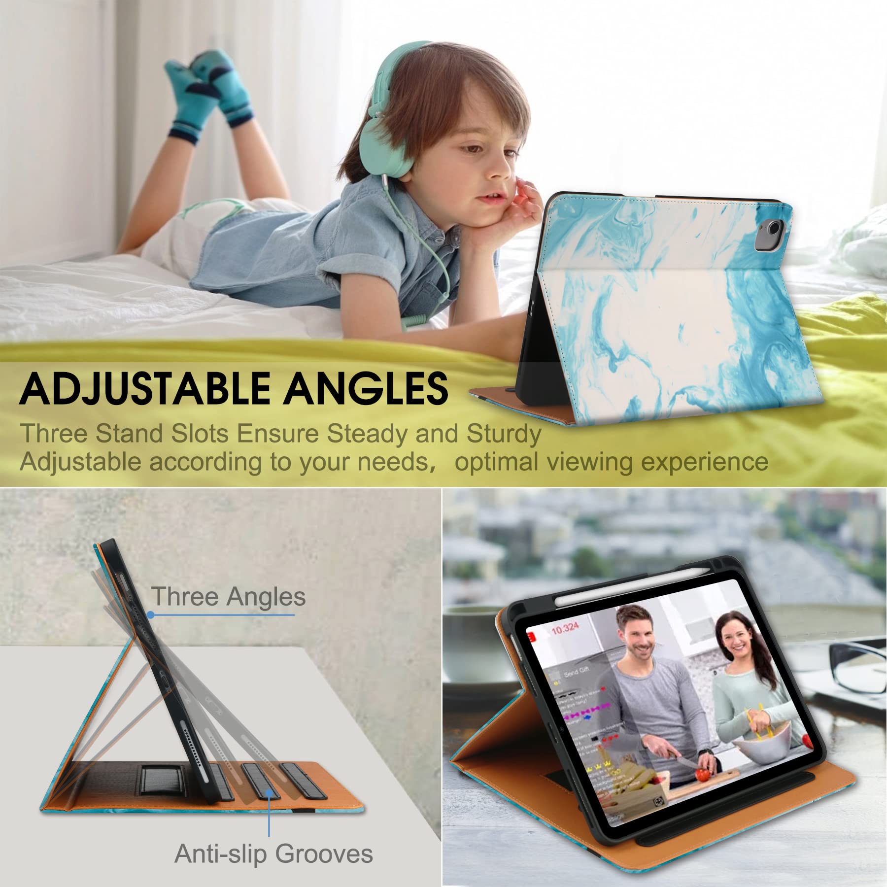 Premium iPad Pro 11 Inch Case (2022/2021/2020/2018) - Compatible with 4th/3rd/2nd/1st Gen iPad Pro 11 - Folio Stand Cover with Pencil Holder, Auto Sleep/Wake & Multi-Angle Viewing - Green Cloud Design - Perfect for Work, Study & Travel Protection