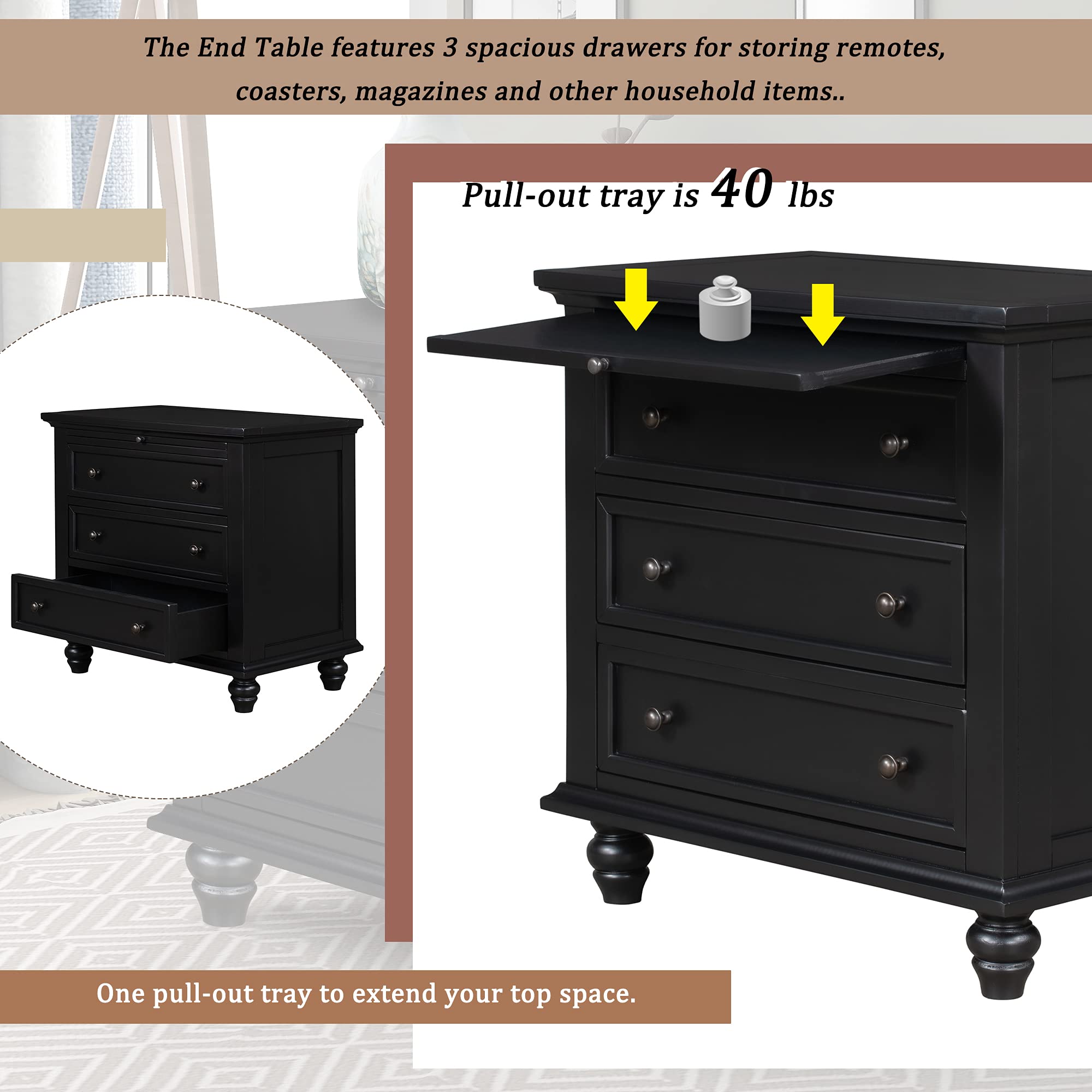 Modern 3-Drawer Wood Storage Cabinet - Sofa Table, Console Table & End Table with Pull-Out Tray - Entryway, Living Room & Bedroom Accent Furniture (Black) - Perfect for Small Space Organization & Home Decor
