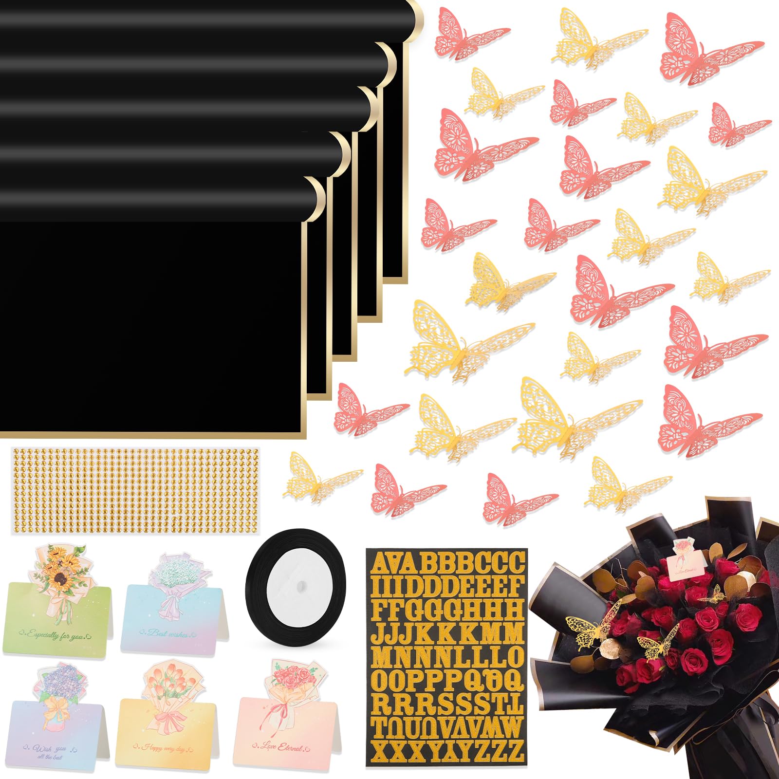 BESUPERT 52Pcs Flower Bouquet Wrapping Paper Kit - 20 Sheets Black Waterproof Floral Wrapping Paper, Letter & Rhinestone Stickers, 24 Gold & Pink Butterflies, 5 Greeting Cards, Black Ribbon with Gold Edge - Perfect for DIY Floral Arrangements, Wedding Bouquets, Gift Wrapping & Party Decorations