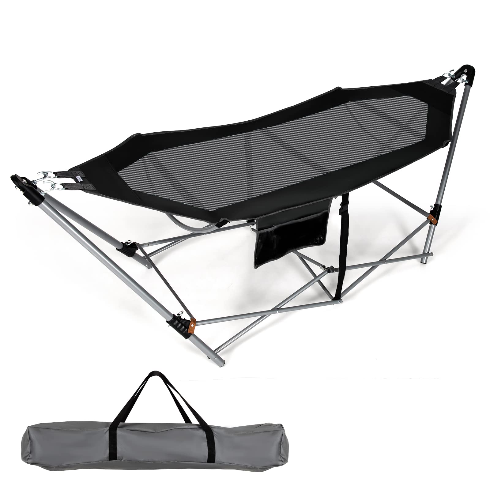 Giantex Portable Folding Hammock with Stand - Heavy Duty Camping Hammock Bed for Indoor & Outdoor Use, Patio, Yard, Beach - Includes Side Pocket, Anti-Tip Buckles & Iron Frame - Perfect for Relaxing, Camping, Backyard Lounging (Black)