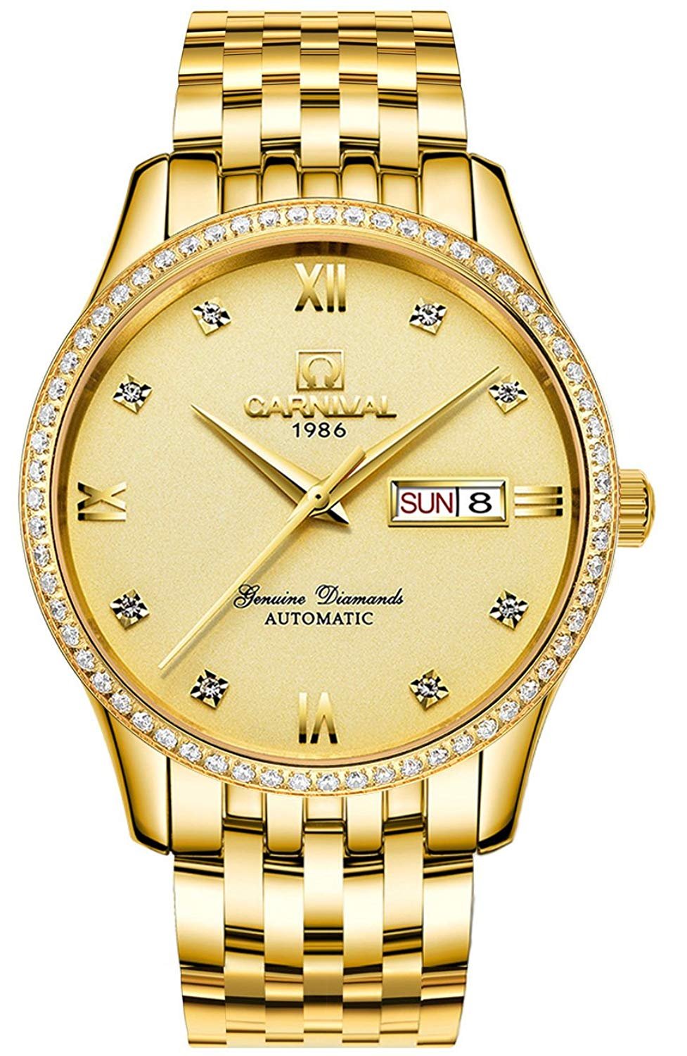 Luxury Automatic Men's Watch with Crystal Diamond Accents, Gold Two-Tone Stainless Steel Band, Date Display - Perfect for Business, Formal Events & Gifting