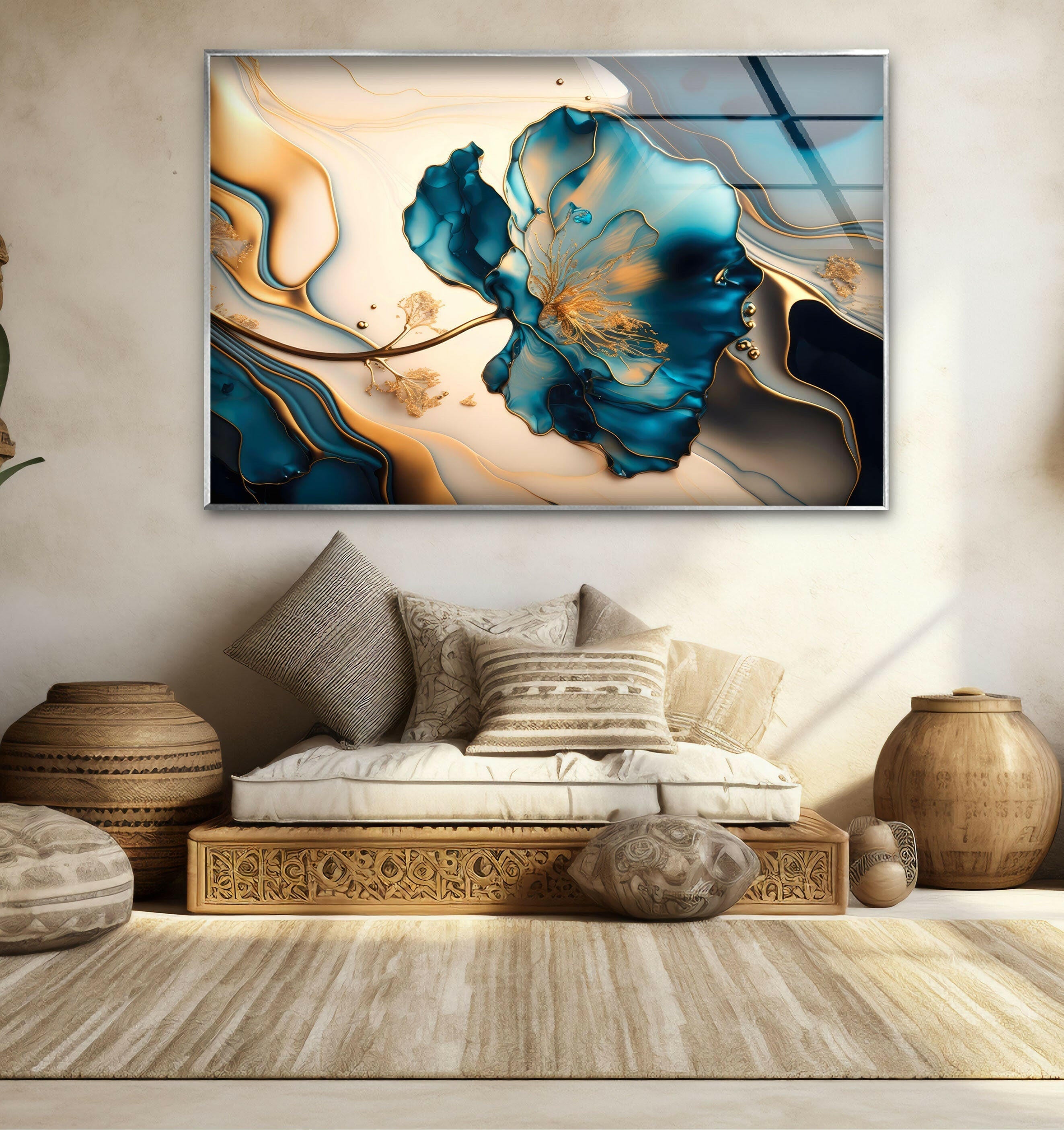 Blue Marble Flower Glass Wall Art - Elegant Handmade Home Decor for Living Room, Bedroom & Office - Perfect for Modern & Boho Interior Design