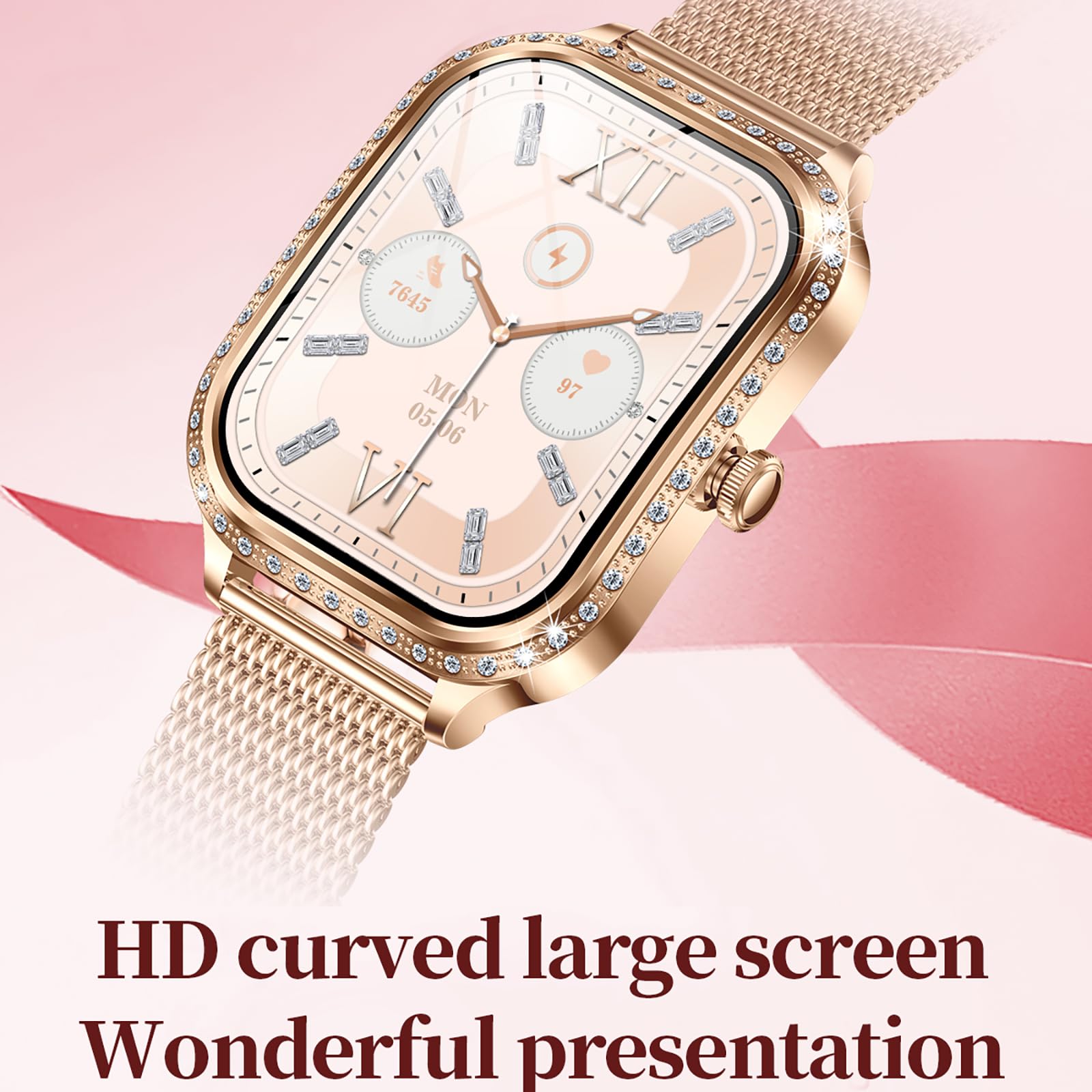 Luxury Diamond Smart Watch for Women - Gold Designer Fitness Tracker with Call Function, Heart Rate & Sleep Monitor, IP68 Waterproof - Perfect for Workouts, Office & Everyday Wear