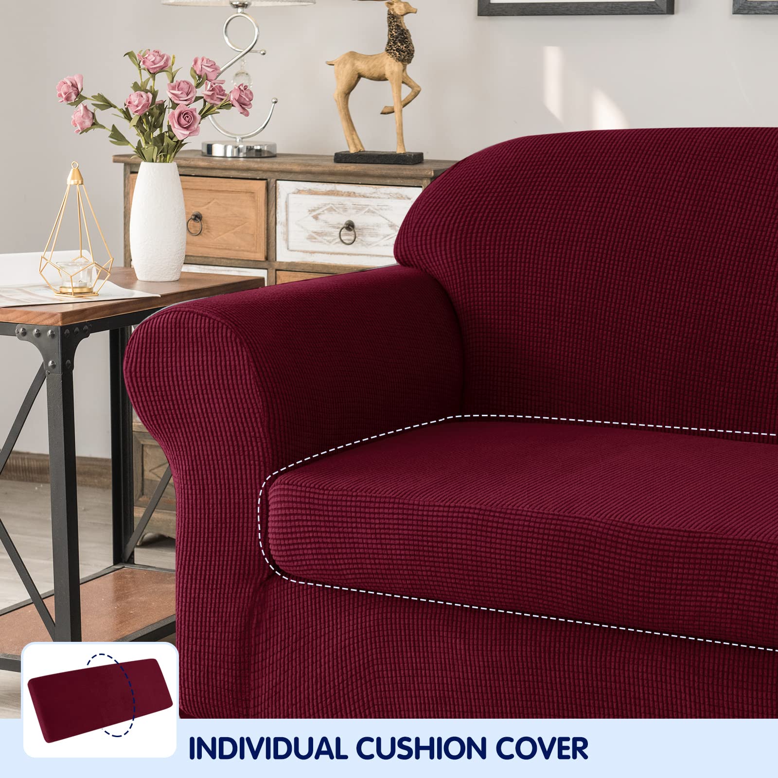 SUBRTEX Stretch Sofa Cover 2-Piece Set - Washable Elastic Slipcover for 2-3 Cushion Couches, Large Wine Red - Perfect for Living Room Protection & Home Decor