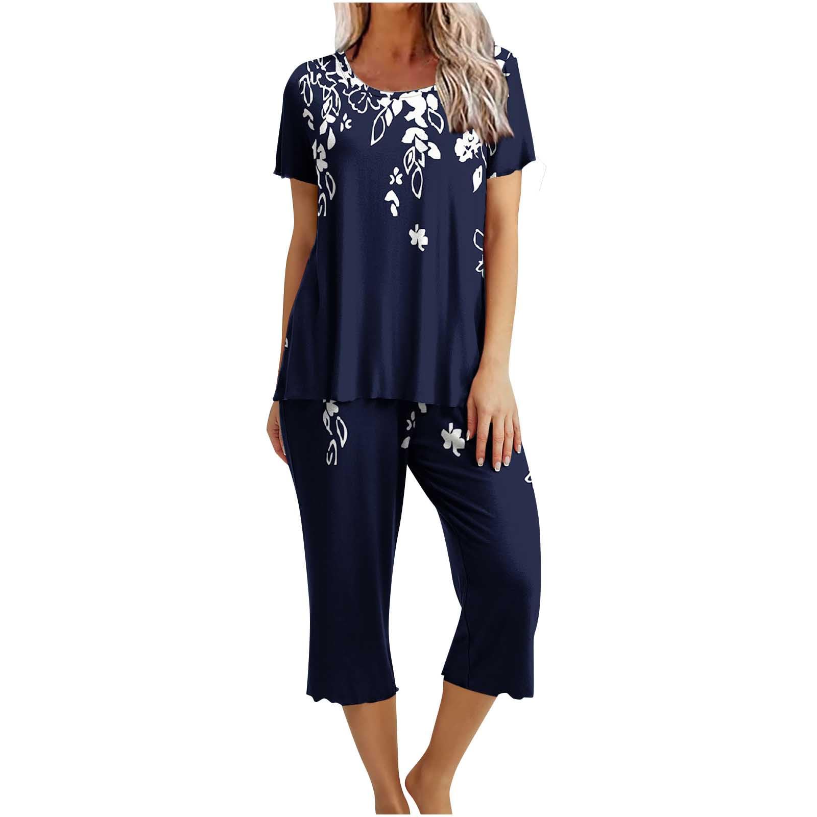Women's Summer Pajama Sets - Soft Lightweight Short Sleeve Crewneck Top & Loose Lounge Pants - Comfy Sleepwear for Nighttime, Lounging & Vacation - Perfect for Bedtime, Relaxing at Home or Travel