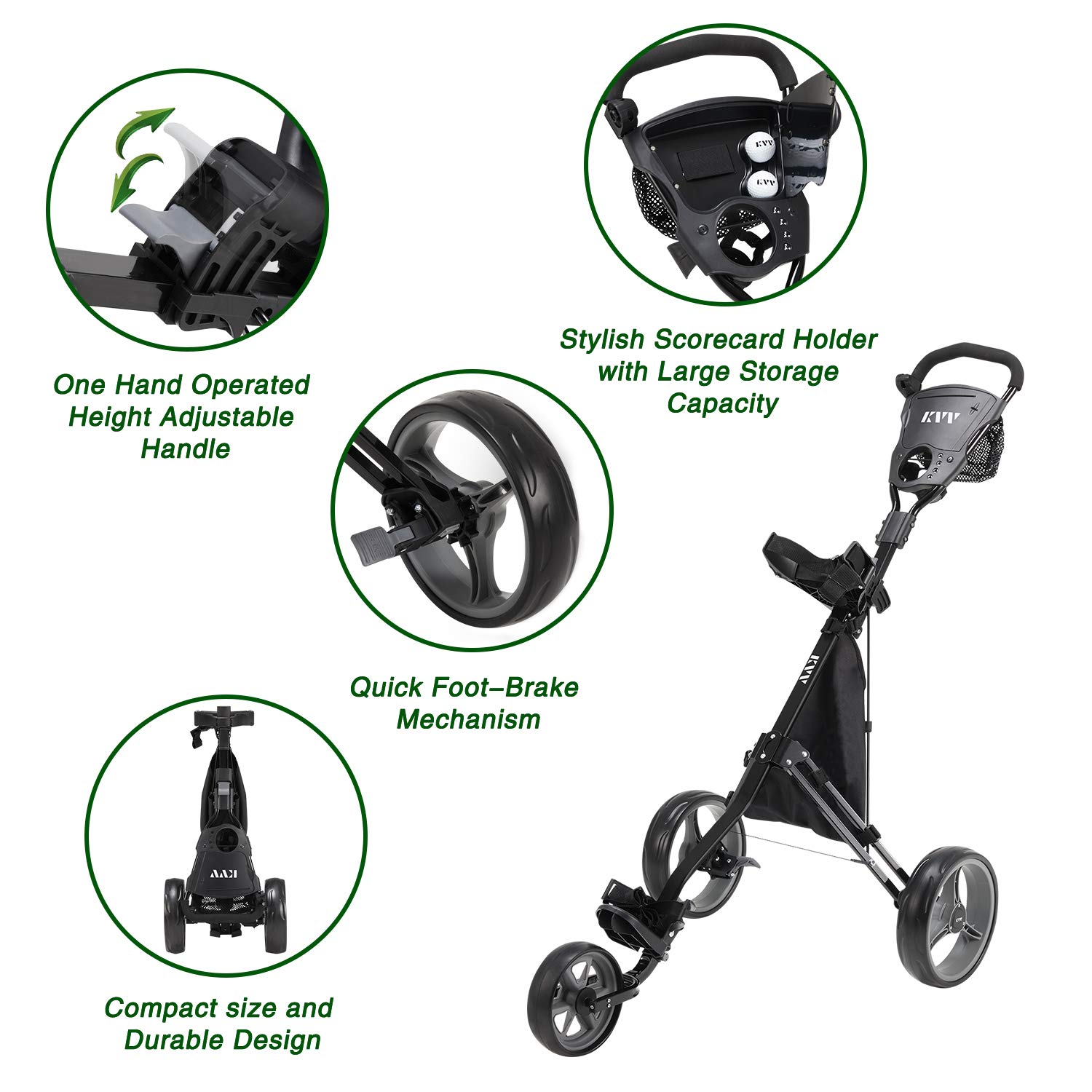 KVV Foldable Lightweight 3 Wheel Golf Push Cart with Stylish Scorecard Holder & Storage Bag - Easy Open/Close Design for Convenient Transport | Perfect for Golfers, Seniors & Course Use