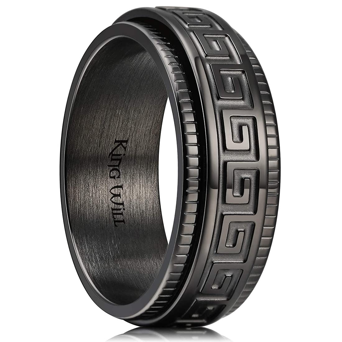 King Will 8mm Stainless Steel Fidget Spinner Ring for Men - Black/Silver Brushed Finish with Greek Key, Viking, Roman Numerals & Hammered Patterns - Anxiety Relief Ring for Stress, Focus & ADHD - Perfect for Office, Travel & Daily Wear