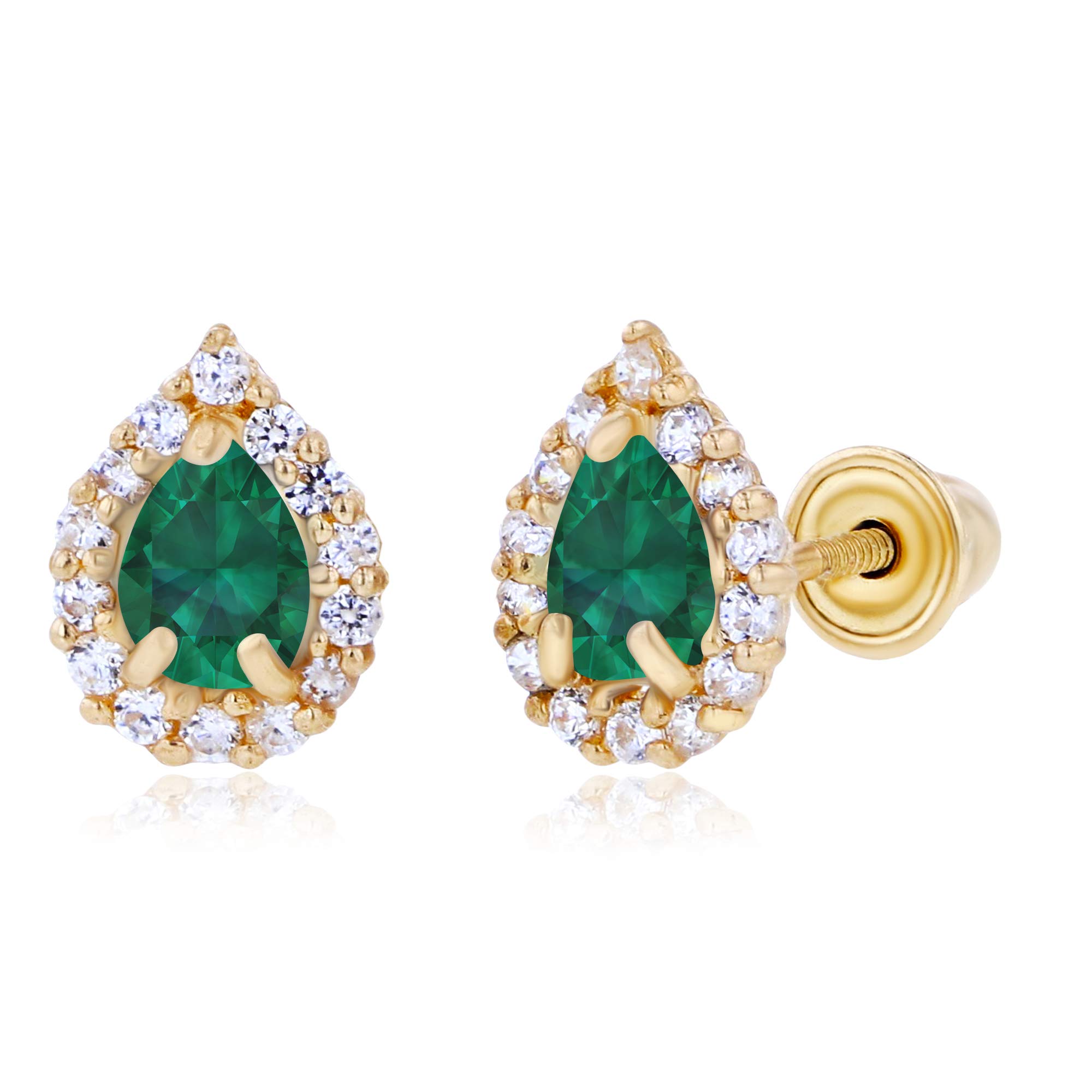 14K Solid Gold Pear Shaped Stud Earrings for Women - 7x5mm Natural Birthstone & 4x3mm Pear Cut with 1mm White Sapphire Halo | Screw Back Design | Perfect for Everyday Wear, Gift Giving & Special Occasions
