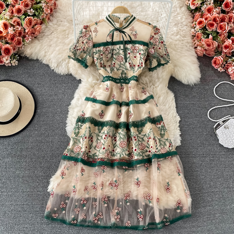 French Retro Stand Collar Mesh Embroidery Lace Dress - Elegant Vintage Floral Maxi Skirt for Women | Perfect for Weddings, Parties & Special Occasions
