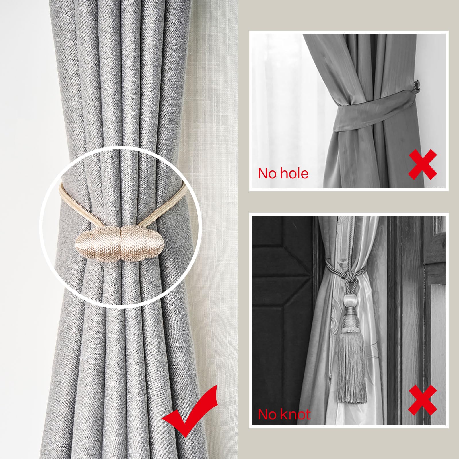 NICEEC 4 Pack 16 Inch Magnetic Curtain Tiebacks - Handwoven Rope Drapery Holdbacks for Windows, Modern Elegant Beige Curtain Drape Tie Backs for Living Room, Bedroom & Outdoor Use