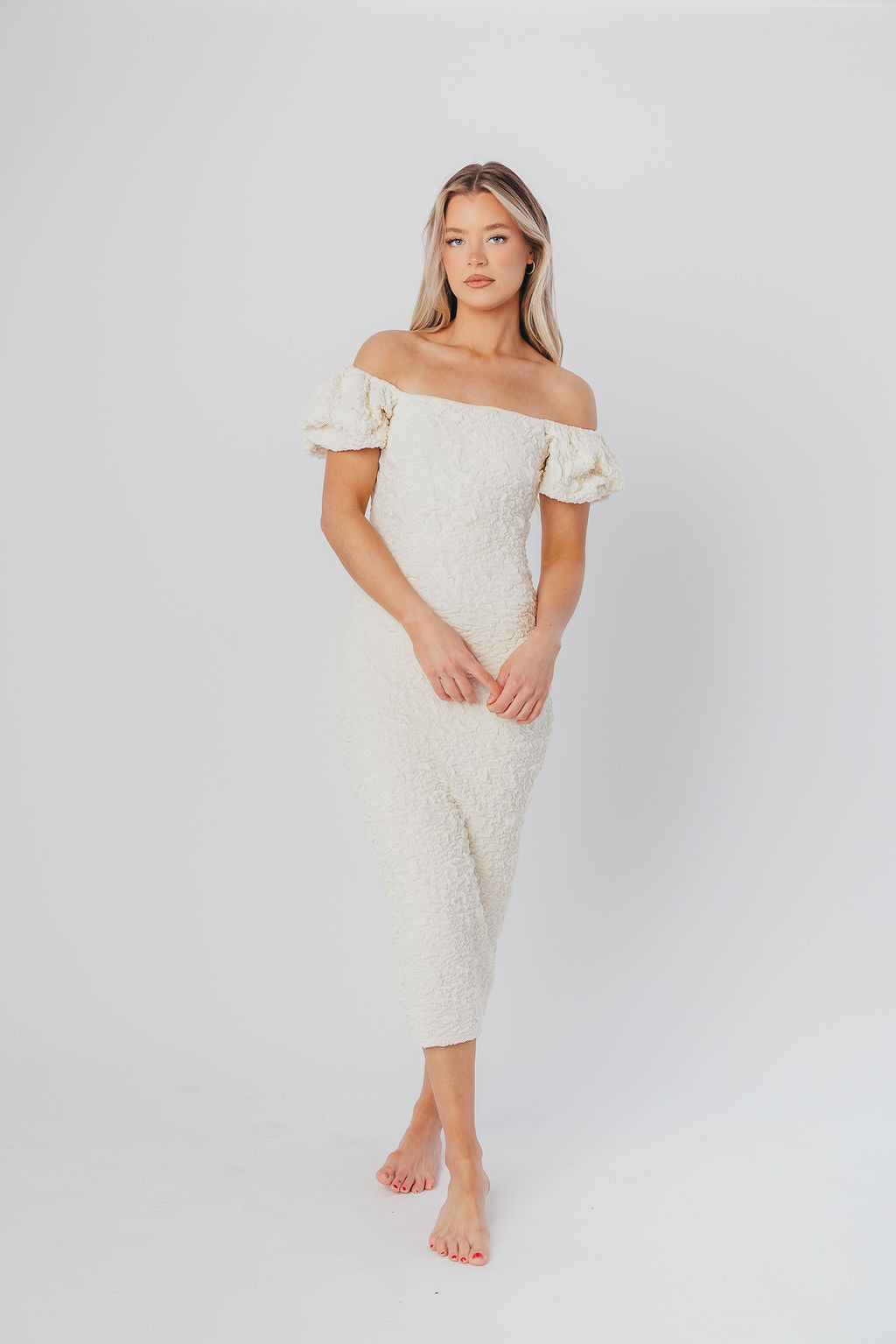 Blakeley Textured Midi Dress in Ivory - Bump Friendly Maternity Dress & Inclusive Sizing (S-3XL) | Perfect for Baby Showers, Bridal Events & Everyday Wear