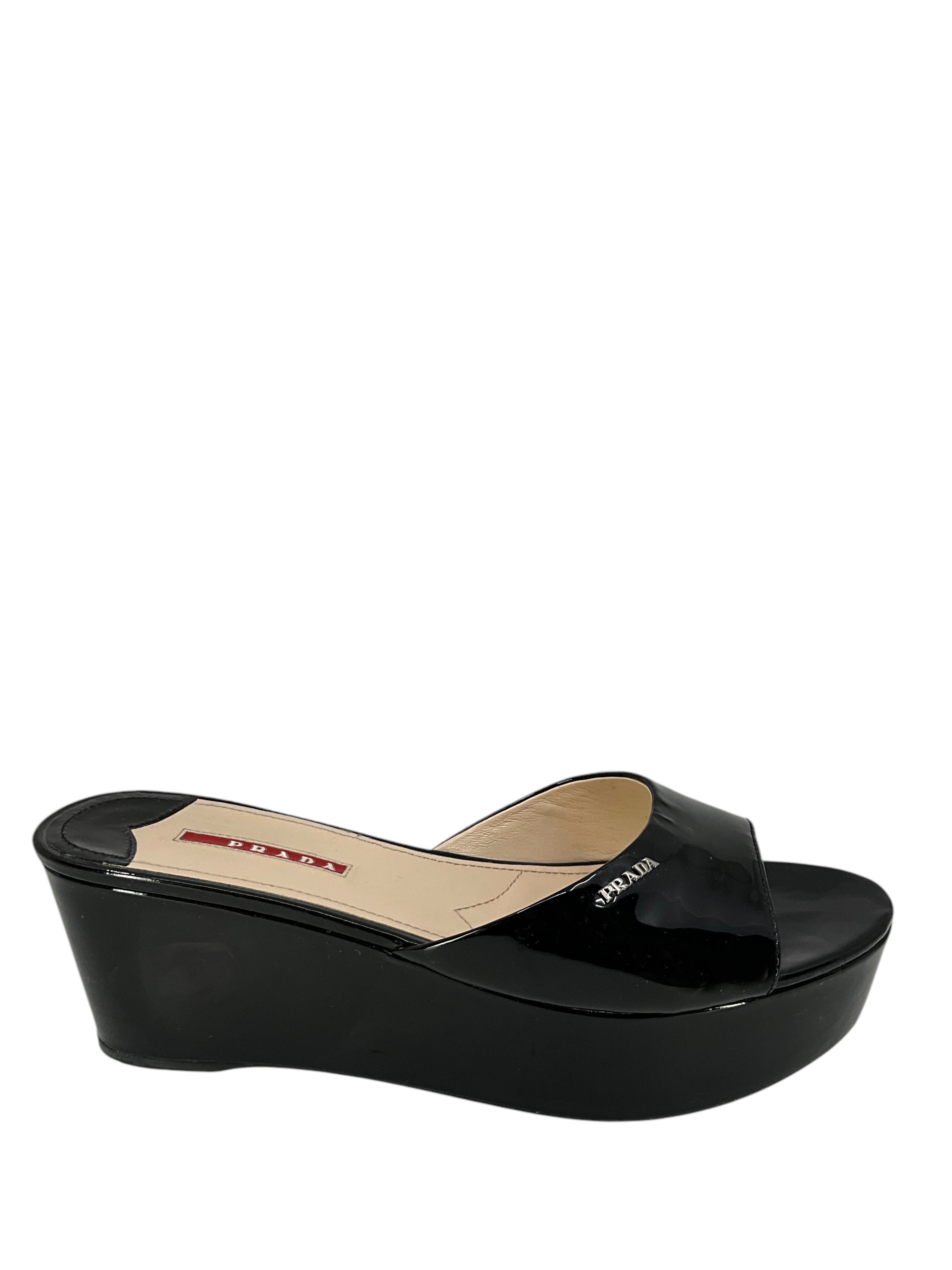 Prada Black Patent Leather Platform Sandals Women's Size 9.5 - Luxury High Heel Dress Shoes for Parties & Evening Events