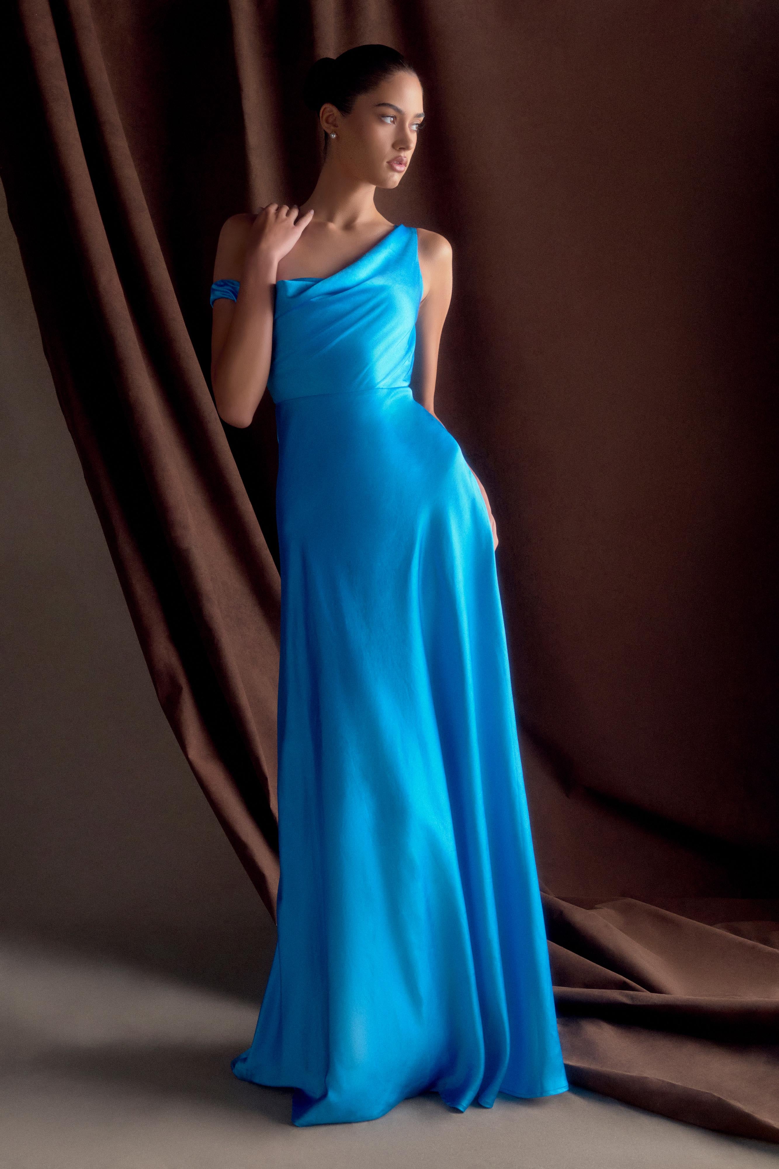 Jacinta One Shoulder Maxi Dress in Cyan Blue - Elegant Summer Beach Wedding Party Gown for Women