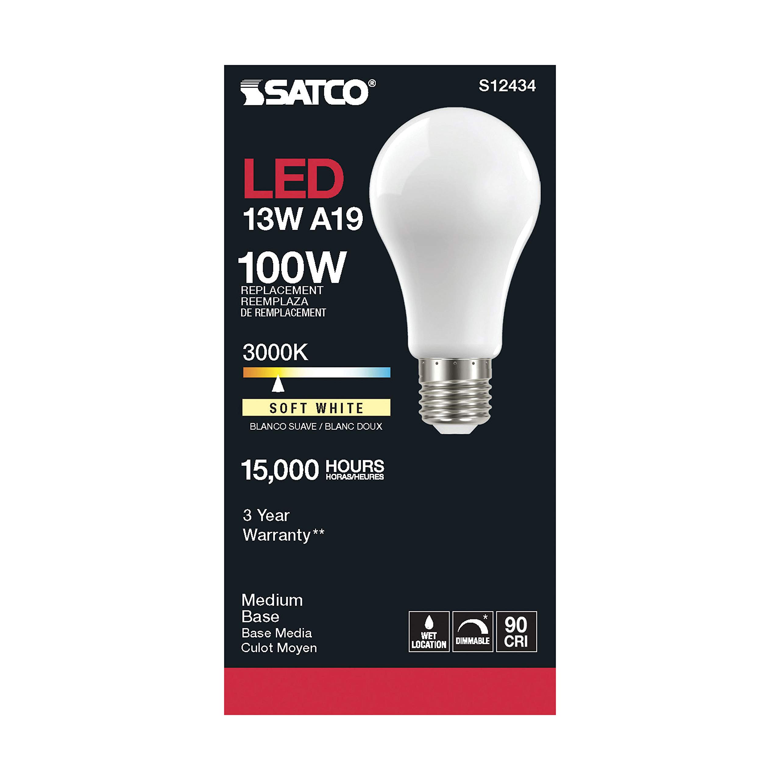 24 Pack Dimmable LED Filament Bulbs - Satco S12434, 13.5W A19 Soft White (3000K), 90 CRI, 120V - High Lumens for Home, Hotel, Retail & Office Lighting
