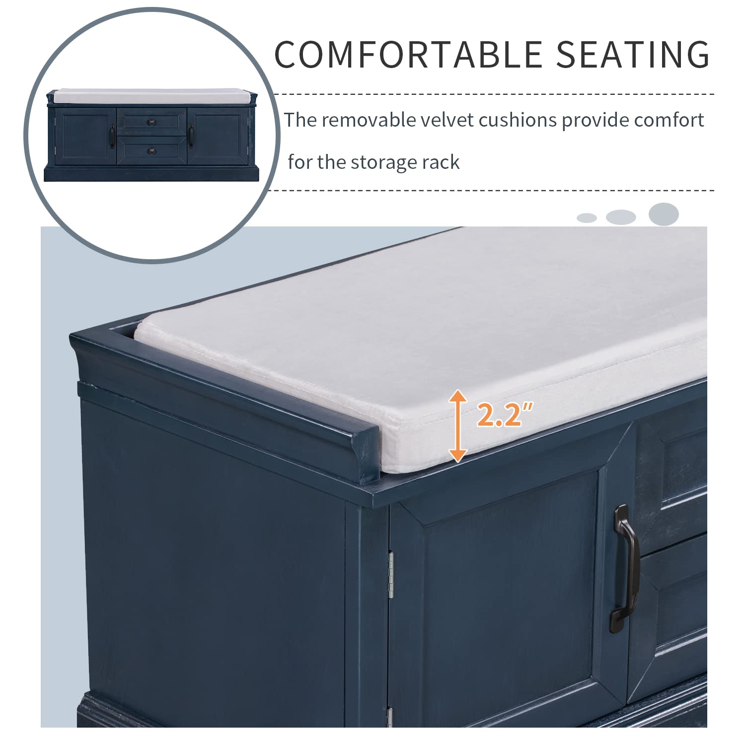 Rustic Solid Wood Storage Bench with 2 Drawers & Velvet Removable Cushion - Entryway Shoe Bench for Hallway, Living Room (Antique Navy) | Perfect for Small Space Organization & Home Decor