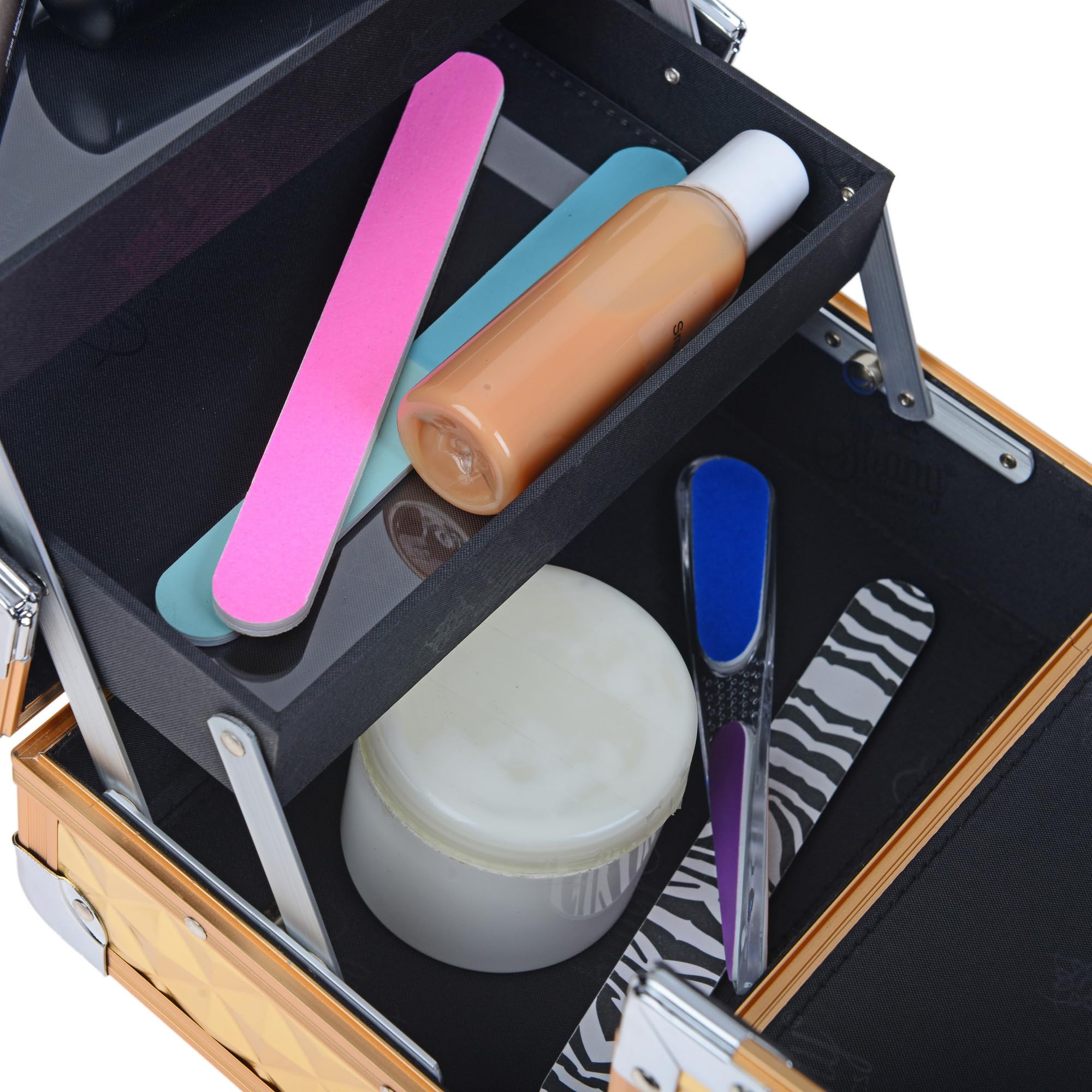SHANY Professional Makeup Train Case - Portable Cosmetic Organizer with Lock, Multi-Trays & Mirror - Jewelry & Beauty Storage Box - Golden House - Perfect for Travel, Salon & Home Use