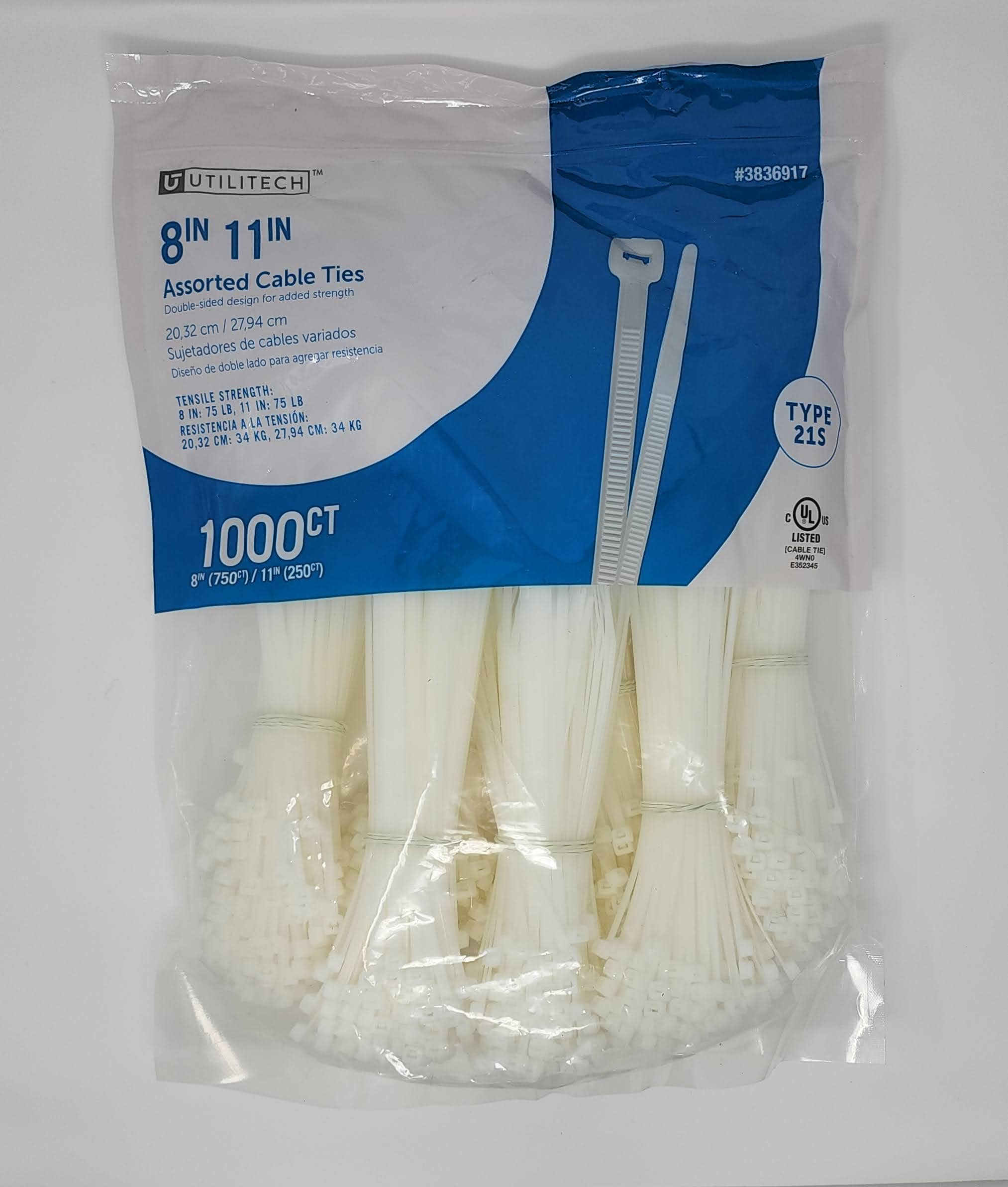 Utilitech 1000-Piece Heavy Duty UV Resistant Cable Zip Ties Kit - 8 Inch (750pcs) & 11 Inch (250pcs) 75lb Strength for Outdoor Wiring, Gardening, DIY Projects & Industrial Use