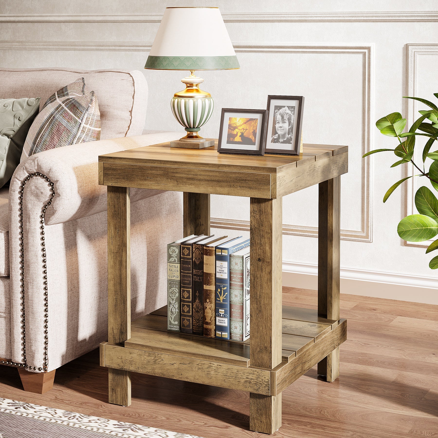 2 Tier Square End Table with 2 Storage Shelves - Modern Nightstand, Side Table for Living Room, Bedroom & Office - Perfect for Small Spaces & Home Organization