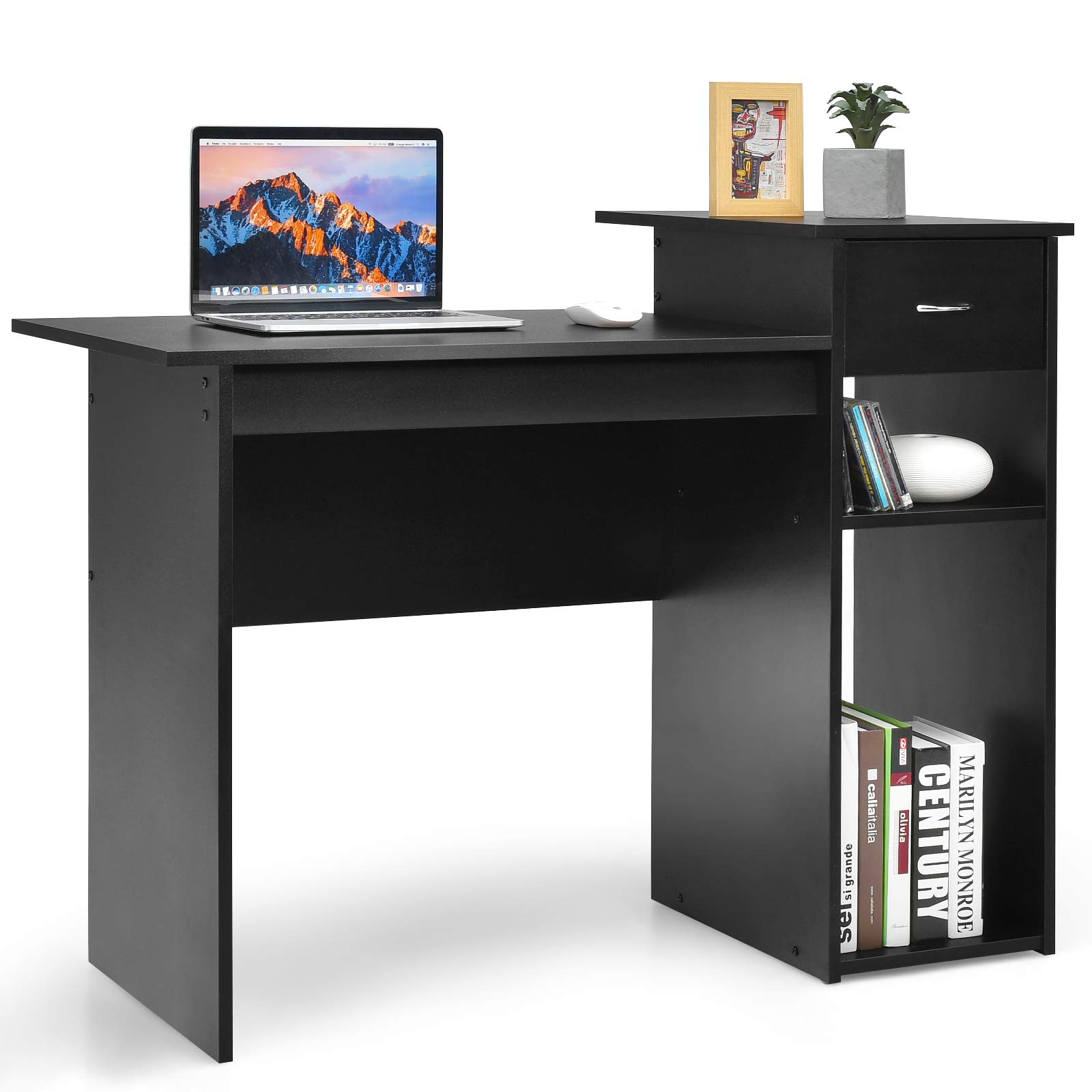 Tangkula Compact Computer Desk for Small Spaces - Modern Simple Wooden Study Writing Desk with Storage Drawer & Organizer Compartments | Perfect for Home Office, Bedroom, Dorm Room & Small Apartments