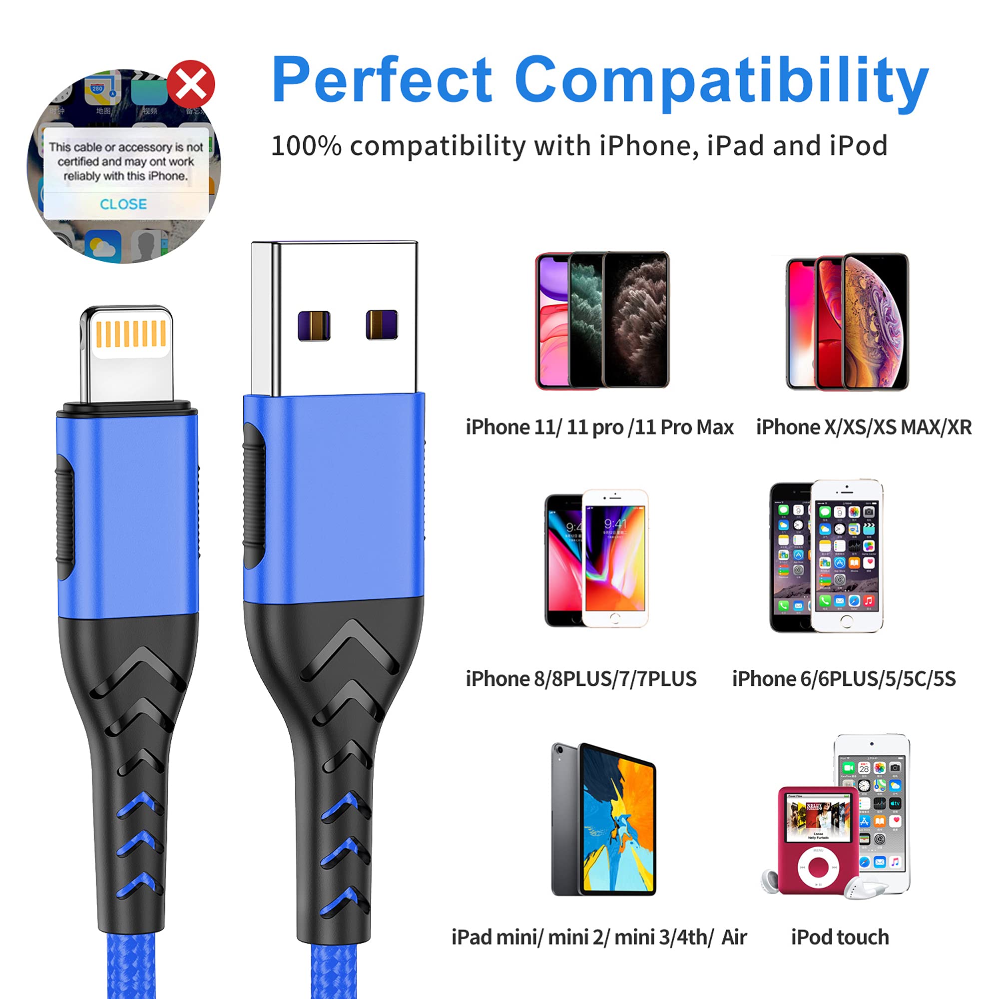 Apple MFi Certified 16FT Lightning Cable - Fast Charging iPhone Charger for iPhone Xs Max/XS/XR/X/8/7/6S/6/Plus/SE & iPad (Blue) | Extra Long Charging Cord for Home, Office, Car & Travel Use