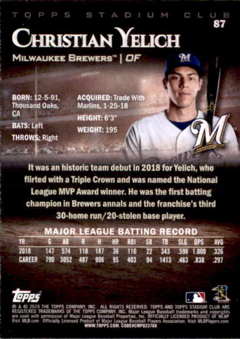 2019 Topps Stadium Club #87 Christian Yelich Milwaukee Brewers Baseball Card - Rare Collectible for Sports Memorabilia & Trading Card Enthusiasts - Perfect for Display, Investment or Gift Giving