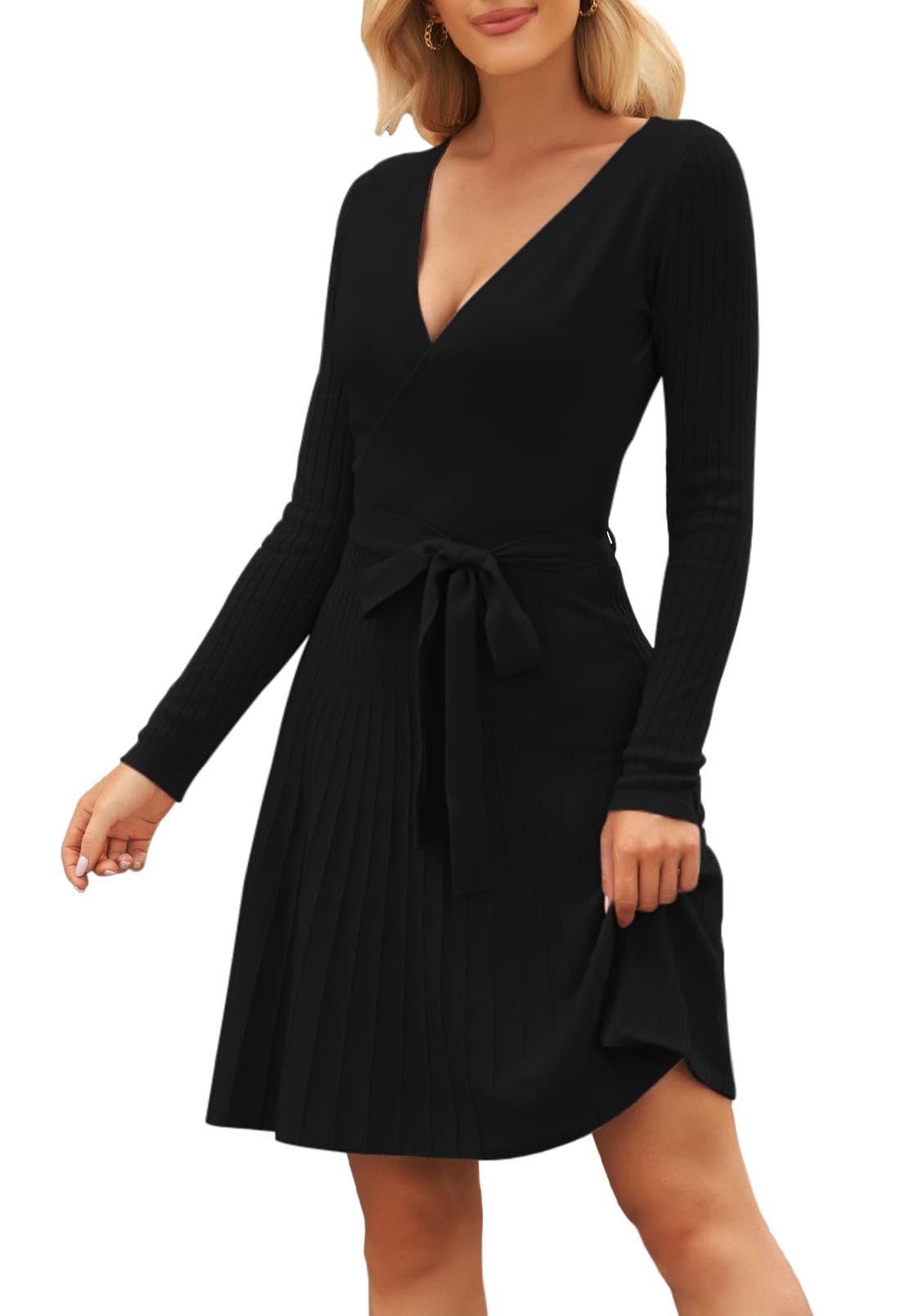 Pink Queen Women's V Neck Wrap Sweater Dress - Long Sleeve Swing Knit Mini Dress with Belt | Casual & Office Wear, Date Night Outfit, Fall Winter Fashion