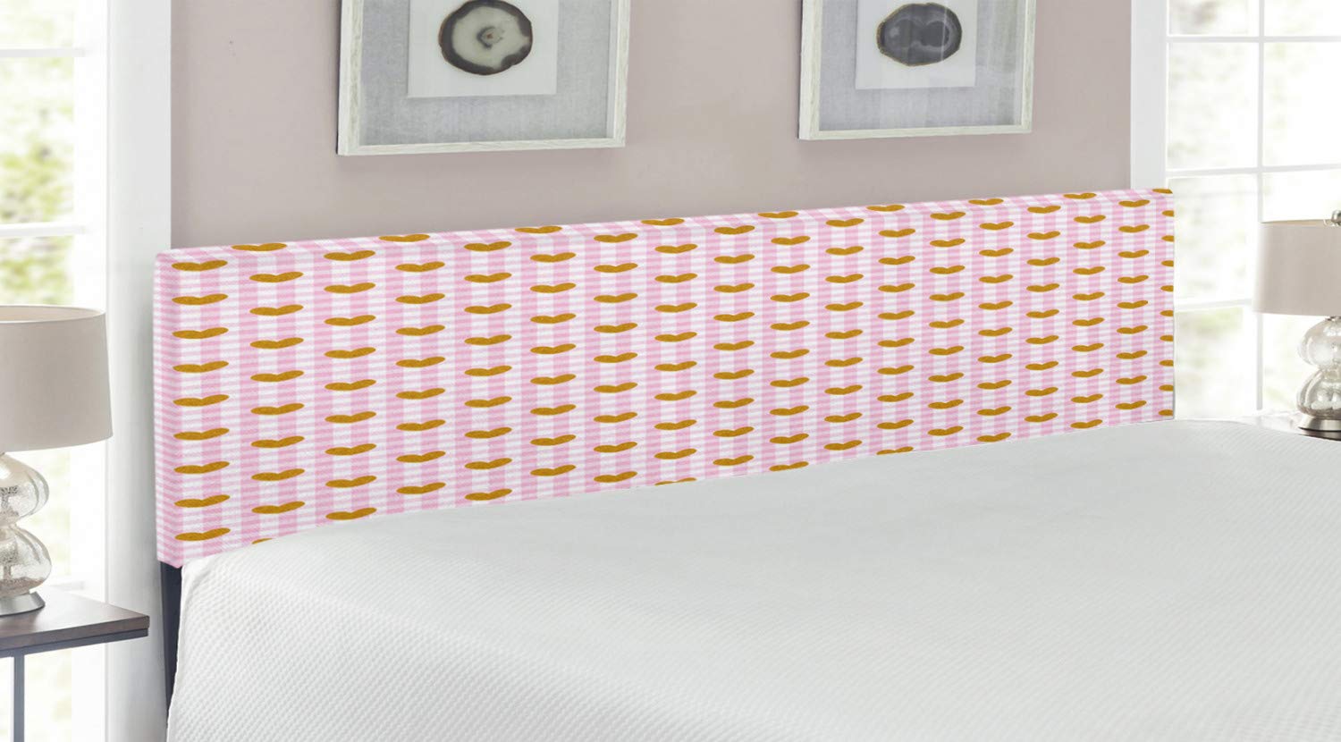 Lunarable Checkered Upholstered Headboard - King Size Pink Yellow White Tartan Design with Romantic Hearts & Memory Foam | Feminine Bedroom Decor for Girls Room, Dorm, Master Bedroom