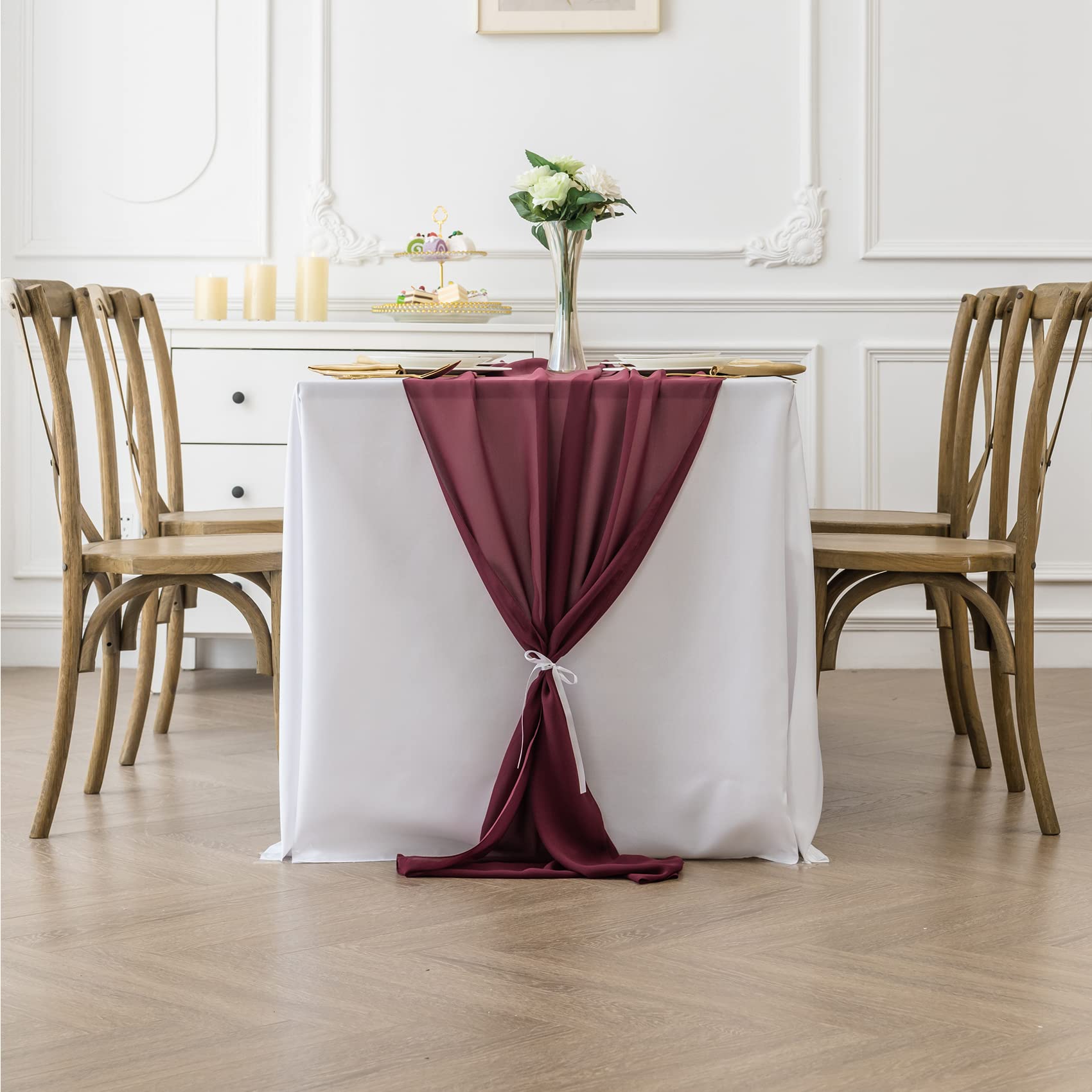 2-Pack Burgundy Chiffon Table Runners 29x120 Inches - AILITI Sheer Gauze Wedding Table Decor for Romantic Bridal Showers, Baby Showers & Birthday Parties - Perfect for Cake Tables, Buffet Displays & Rustic Event Decorations