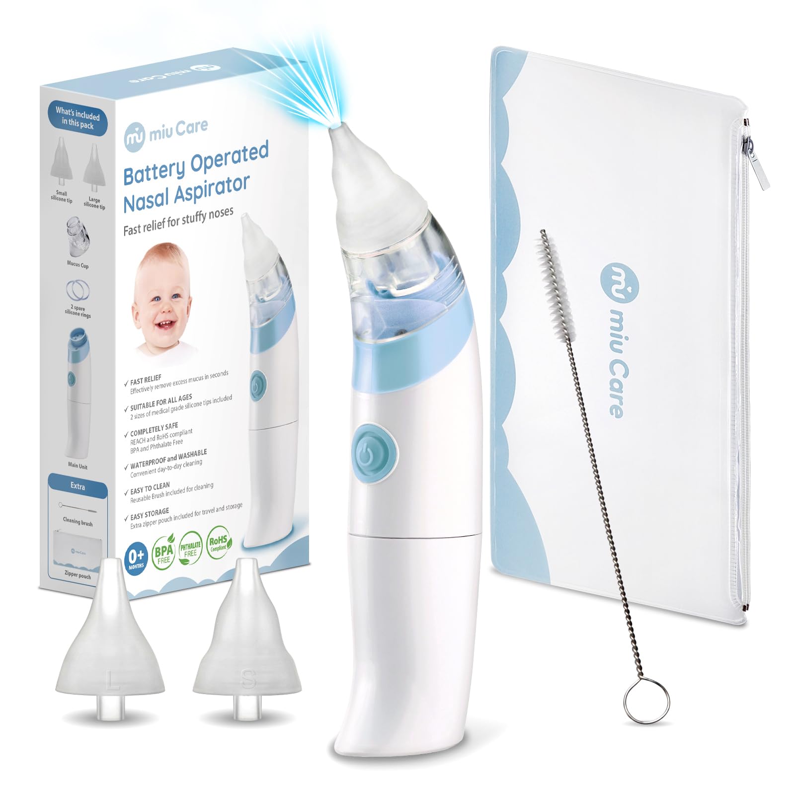 Miu Care Medical Grade Electric Baby Nasal Aspirator - Battery Operated Nose Suction with 2 Silicone Tips, Cleaning Brush & Travel Pouch - Safe Newborn Nasal Relief for Congestion, Colds & Allergies (Perfect for Home, Travel & Daycare Use)