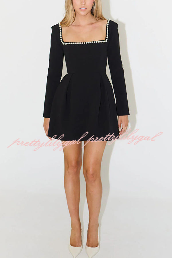 Elegant Pearl Embellished Square Neck Long Sleeve Mini Dress for Women | Perfect for Cocktail Parties, Date Nights & Special Occasions