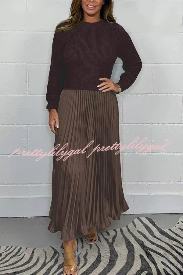 Stylish Knitted Round Neck Long Sleeve Patchwork Pleated Hem Maxi Dress for Women | Elegant Boho Chic Winter Dress | Perfect for Holiday Parties, Date Nights & Casual Outings