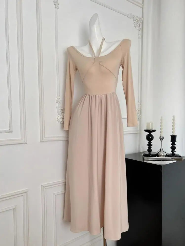Elegant Khaki Long Sleeve High Waist Pleated Dress for Women - Korean Style Backless Round Neck Halter Lace Up Dress - Perfect for Fall Fashion, Date Nights & Casual Outings