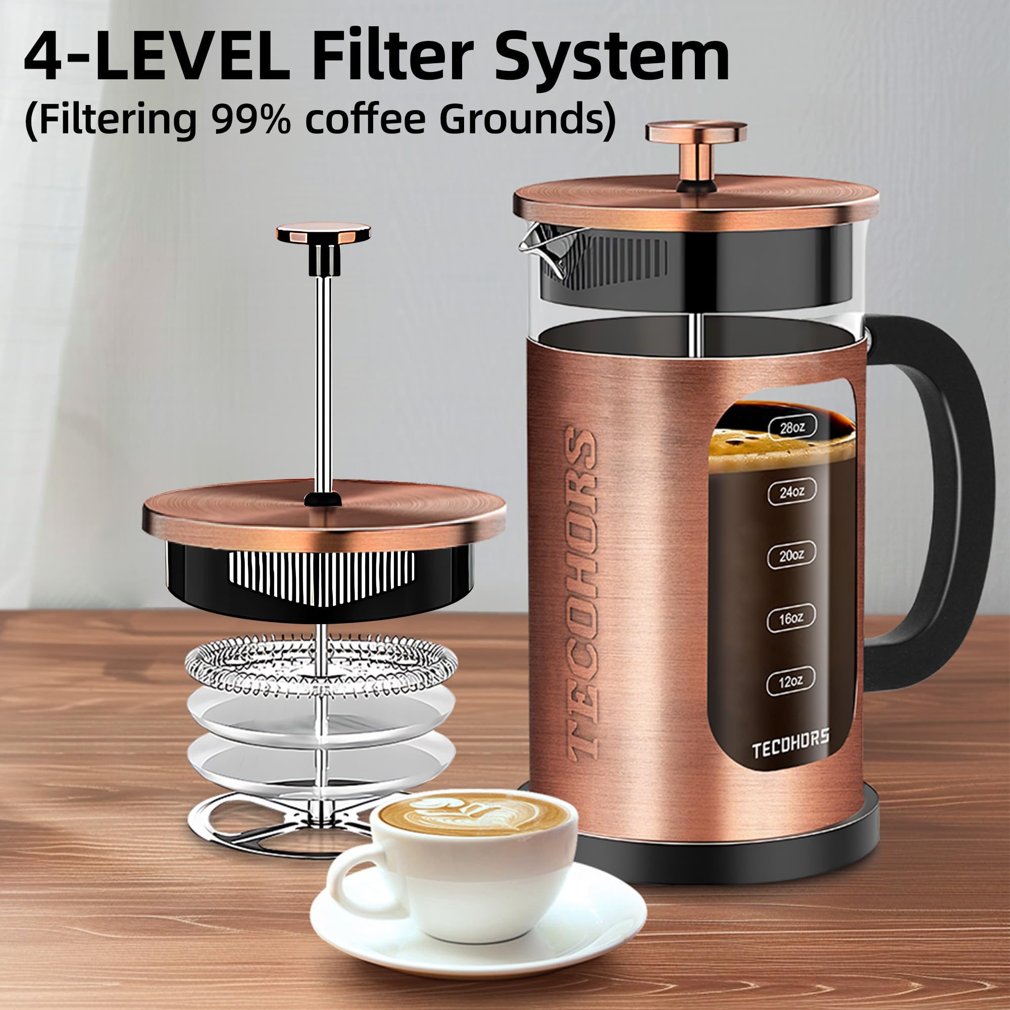 Premium 34oz French Press Coffee Maker - 304 Stainless Steel with 4 Filters, Heat-Resistant Borosilicate Glass - Perfect for Home, Office & Camping Coffee Brewing (Copper)