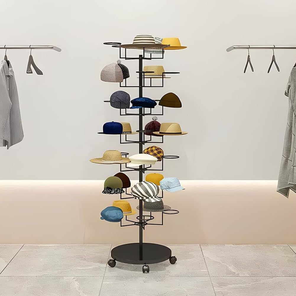 4/5/6/7 Tier Rotating Metal Hat Rack Stand with Wheels - Black Floor Standing Hat Display for Retail Stores, Boutiques & Cloakrooms (D-56x56x165cm) - Perfect for Hat Shops, Wig Displays & Home Organization